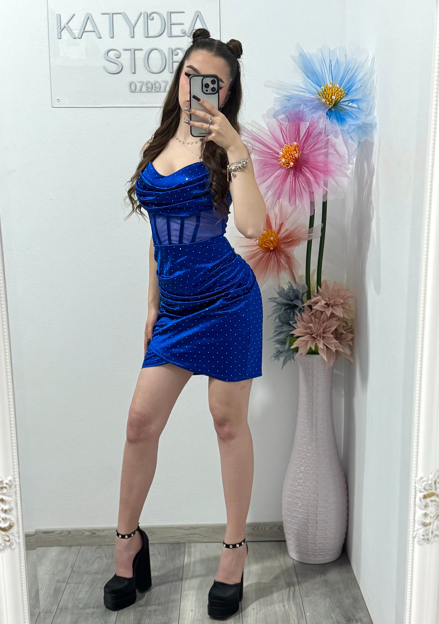 Rochie cu corset și cristale ștanțate albastru Mary