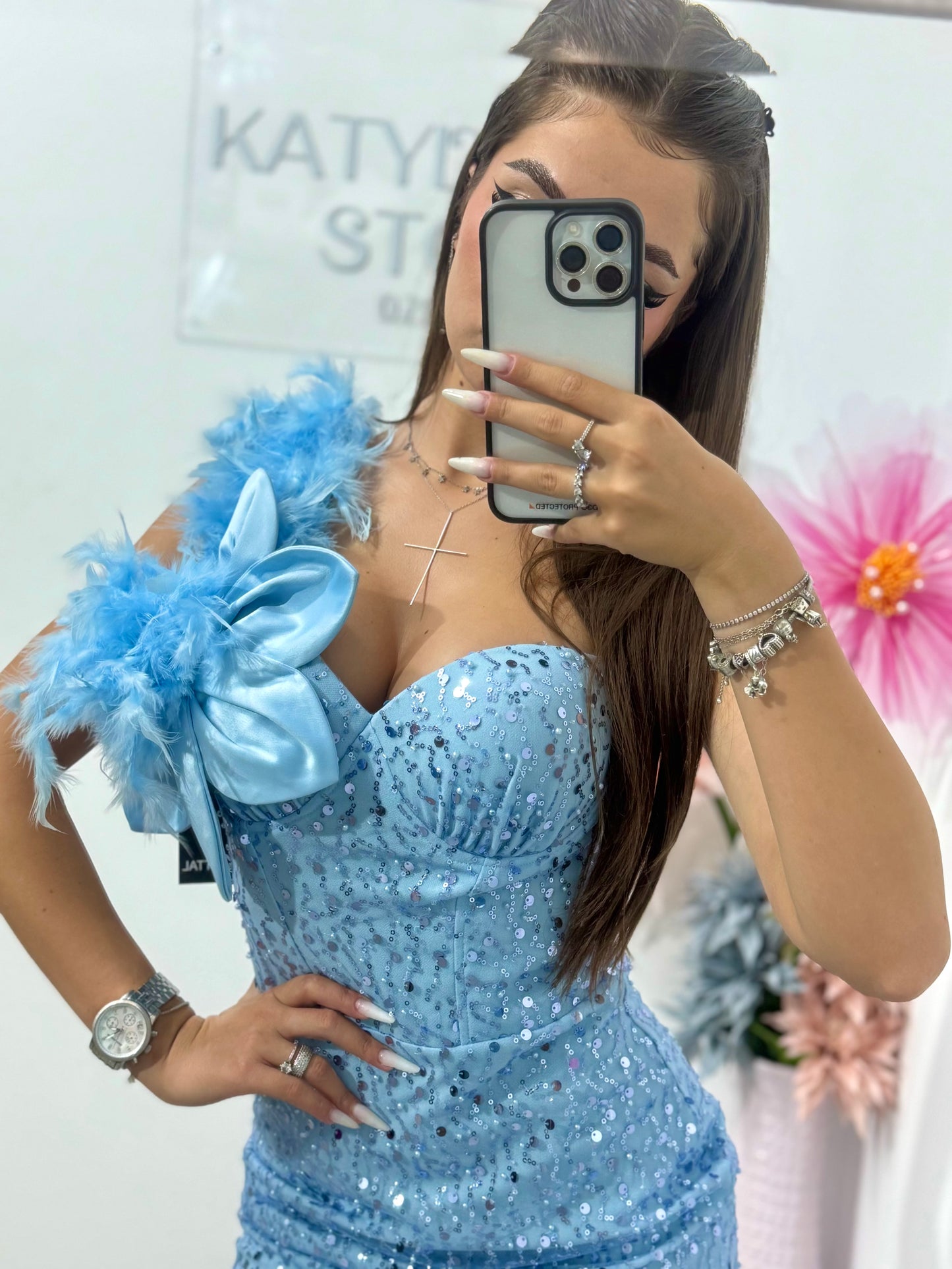 Rochie cu paiete și floare 3D blue Sparkle