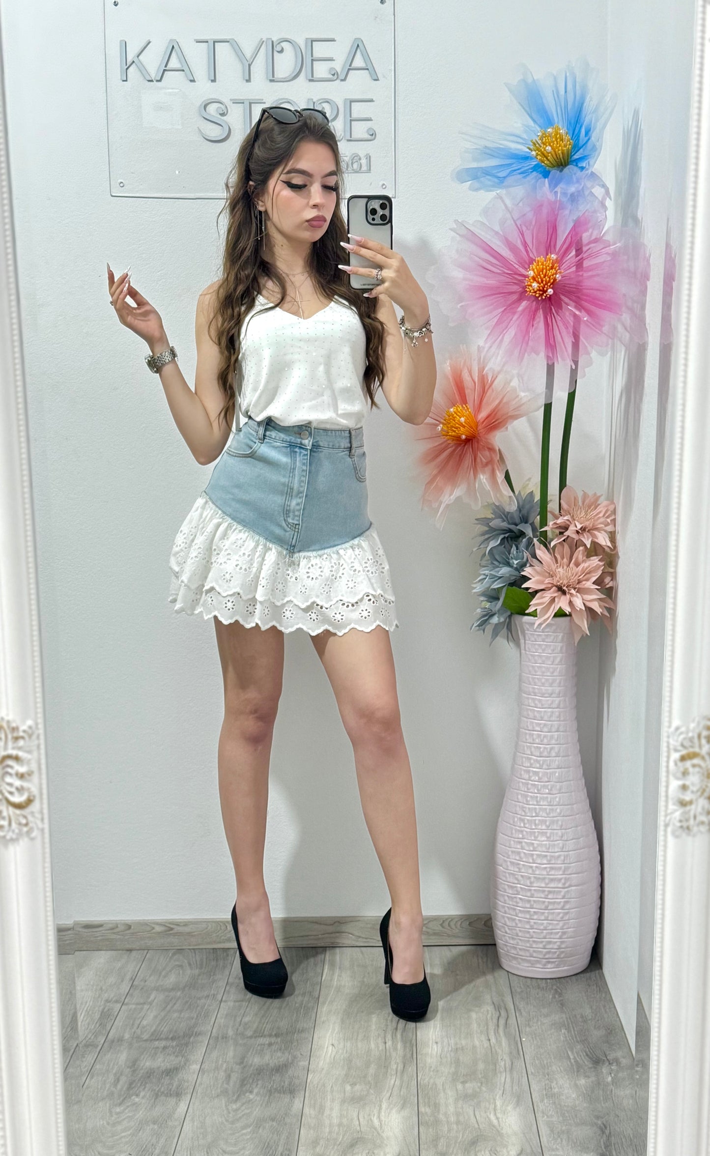 Fustă cu denim și dantelă Delia