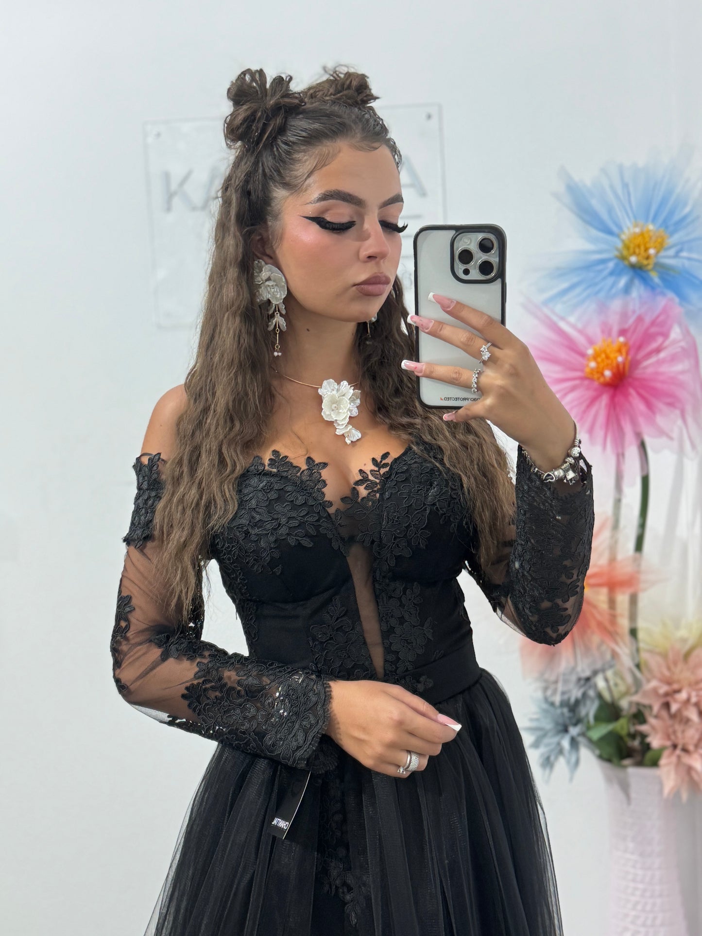 Rochie neagra de seara lunga Vivian din tulle si dantela