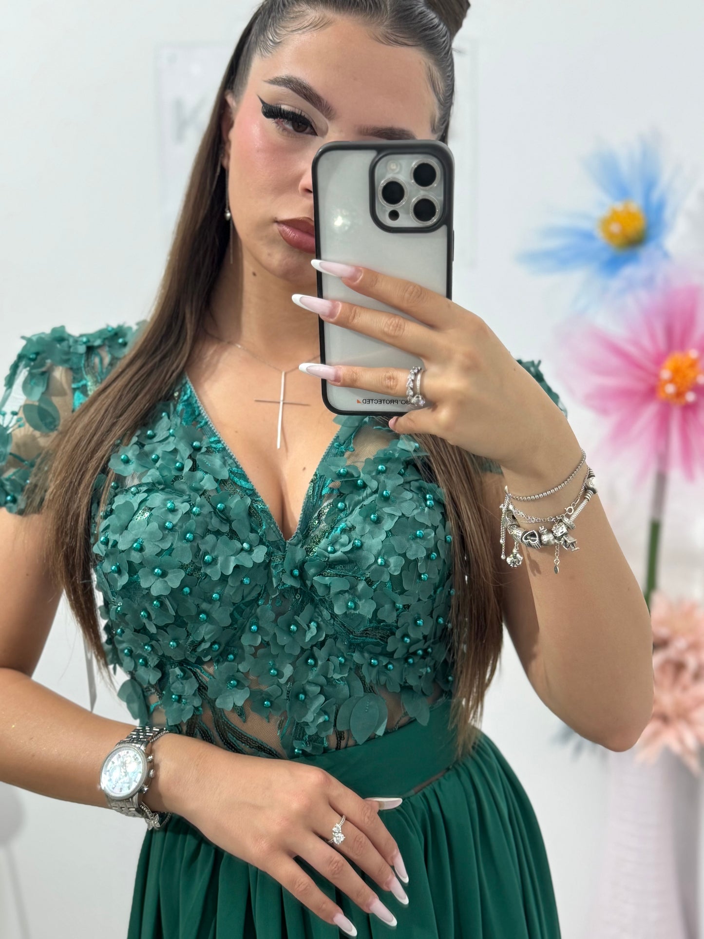 Rochie din voal cu dantelă 3D verde Lucy