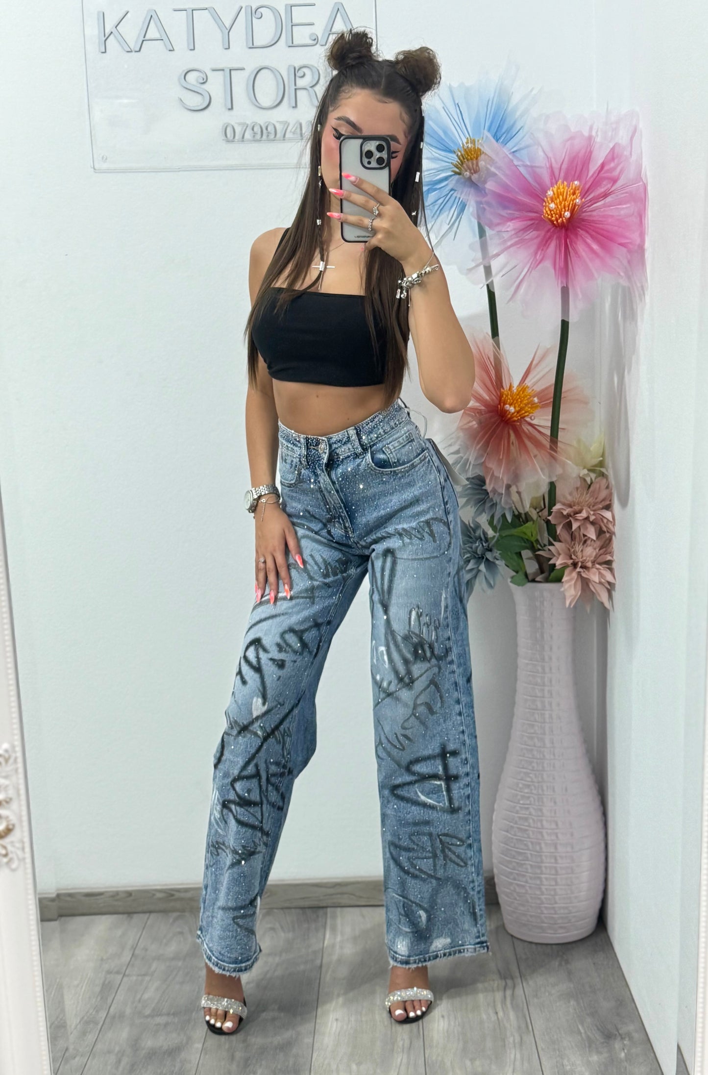 Jeans WideLeg cu cristale și grafiti Daiana