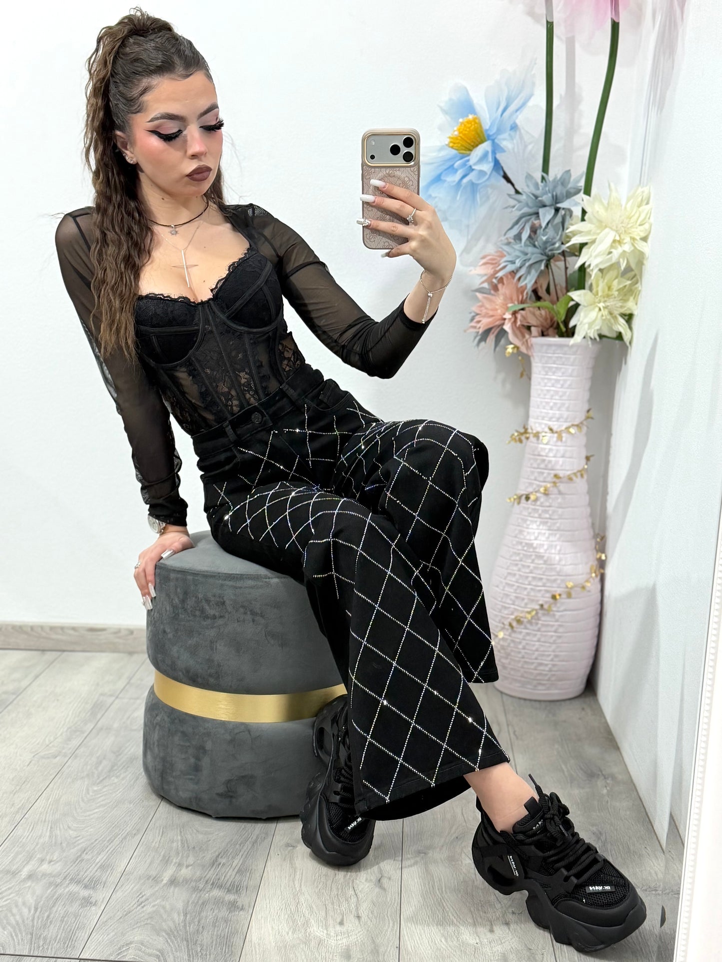 Jeans WideLeg cu cristale ștanțate negri ANAIS