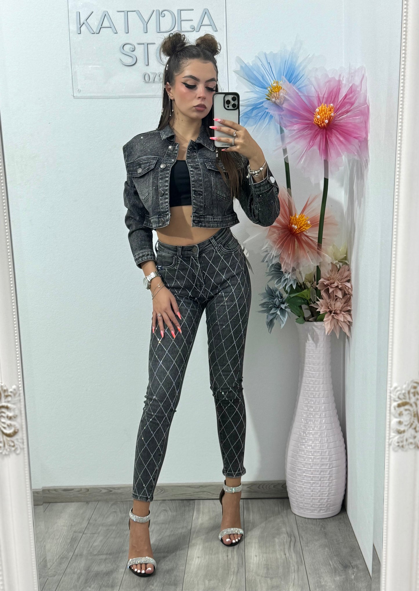 Jeans skinny cu cristale romb Nasia