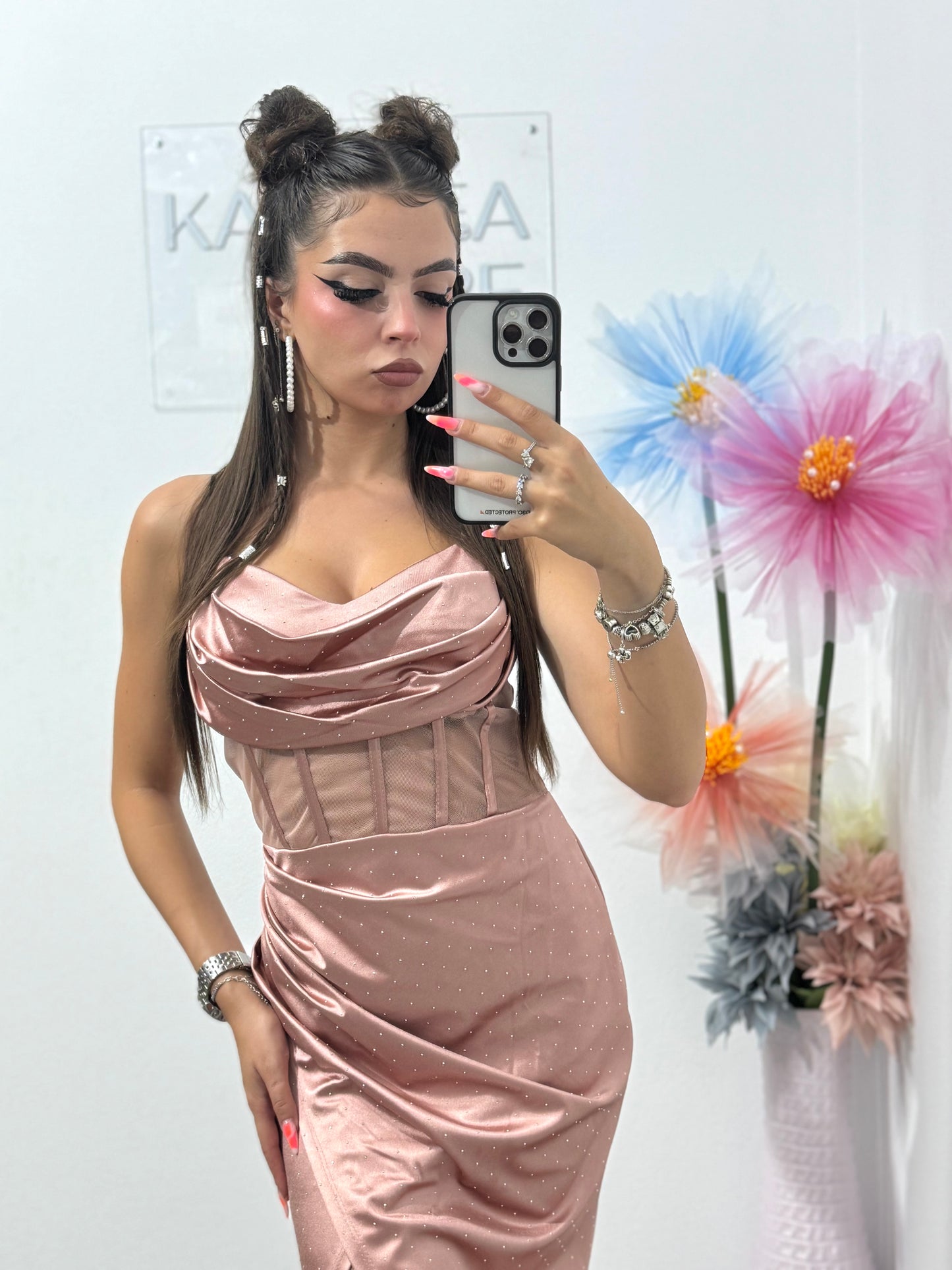 Rochie elegantă cu cristale ștanțate roz pudră Alice