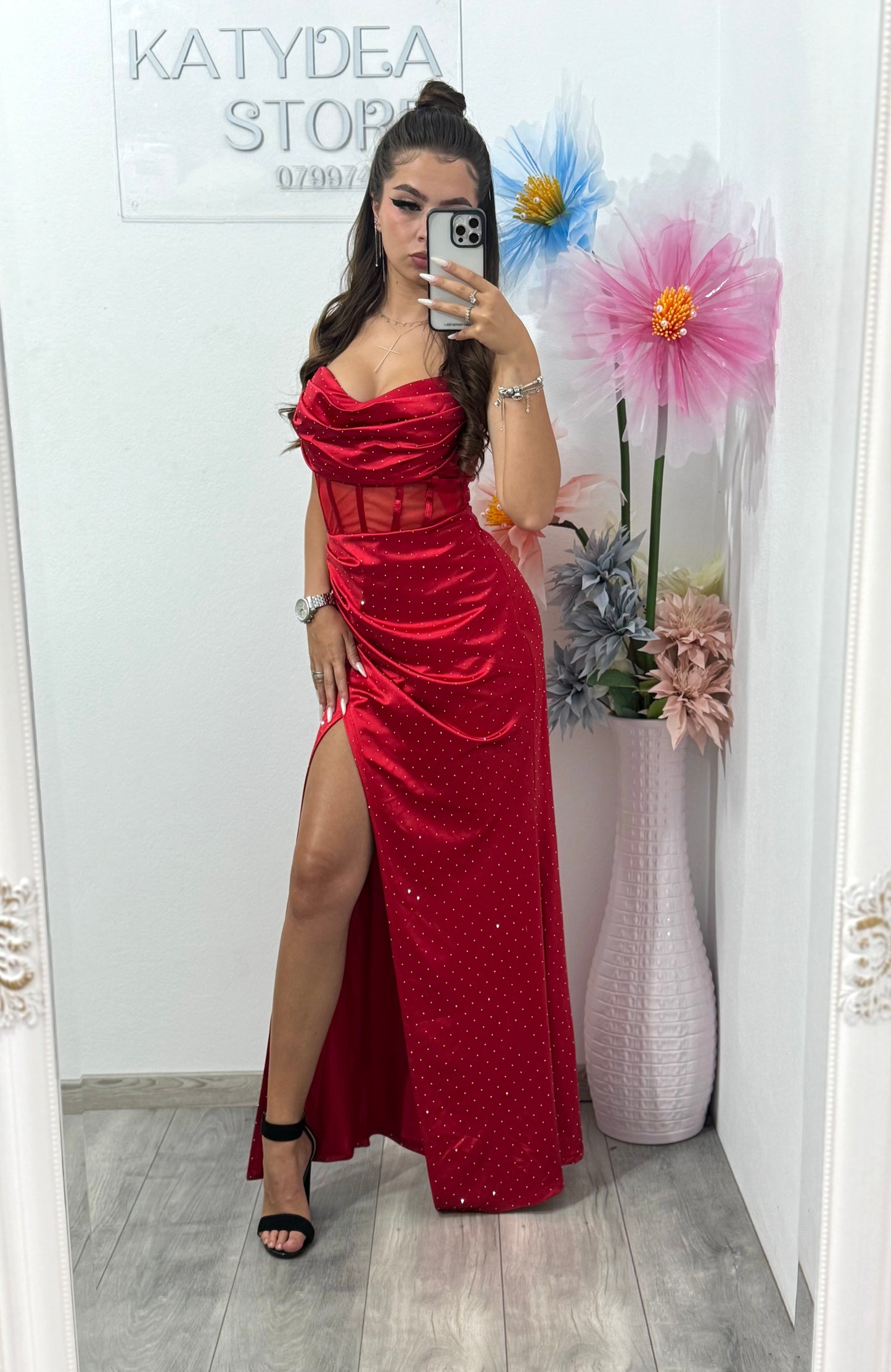 Rochie elegantă cu corset și cristale roșie Alice