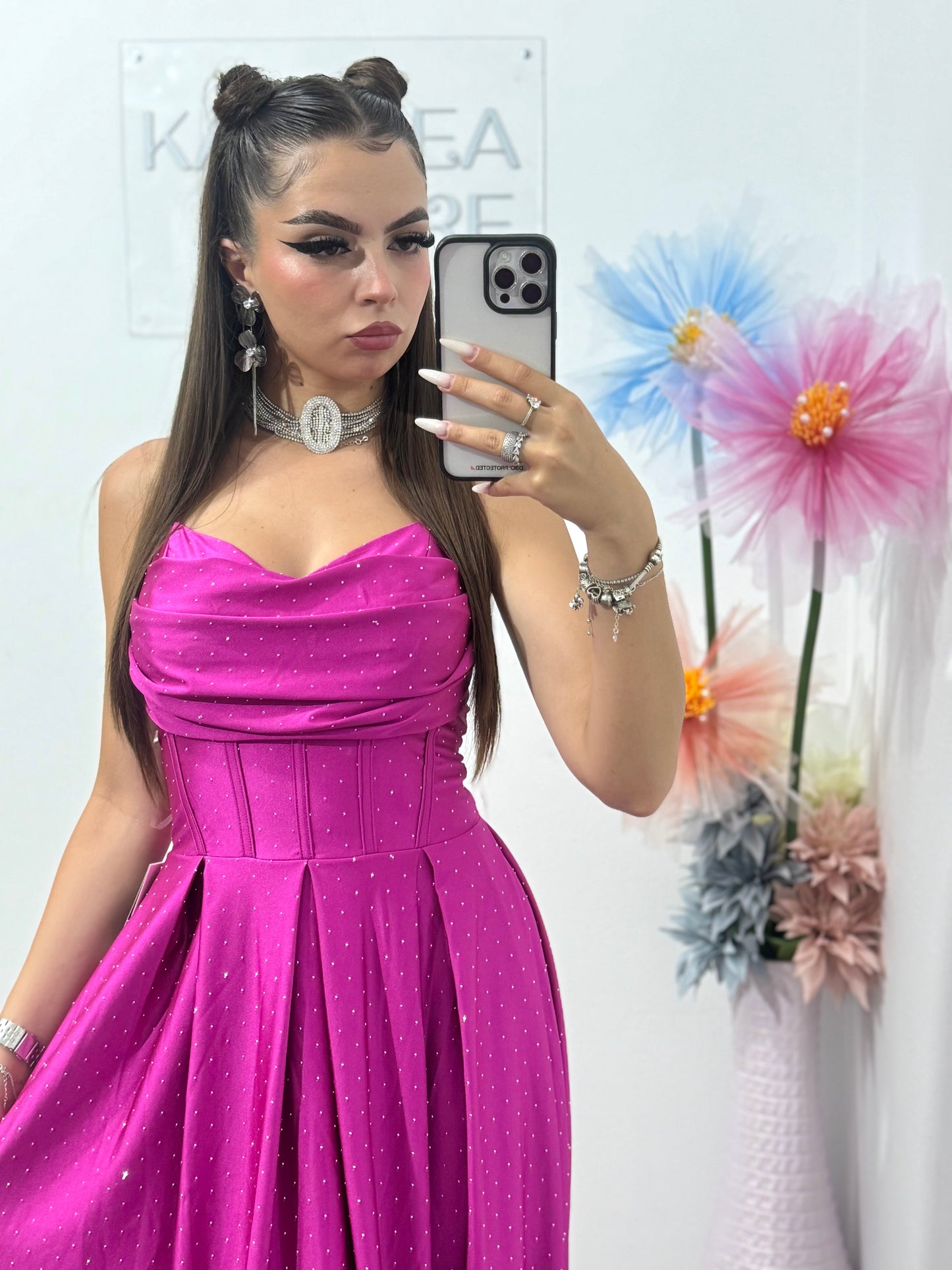 Rochie cu cristale ștanțate și corset Monica fucsia