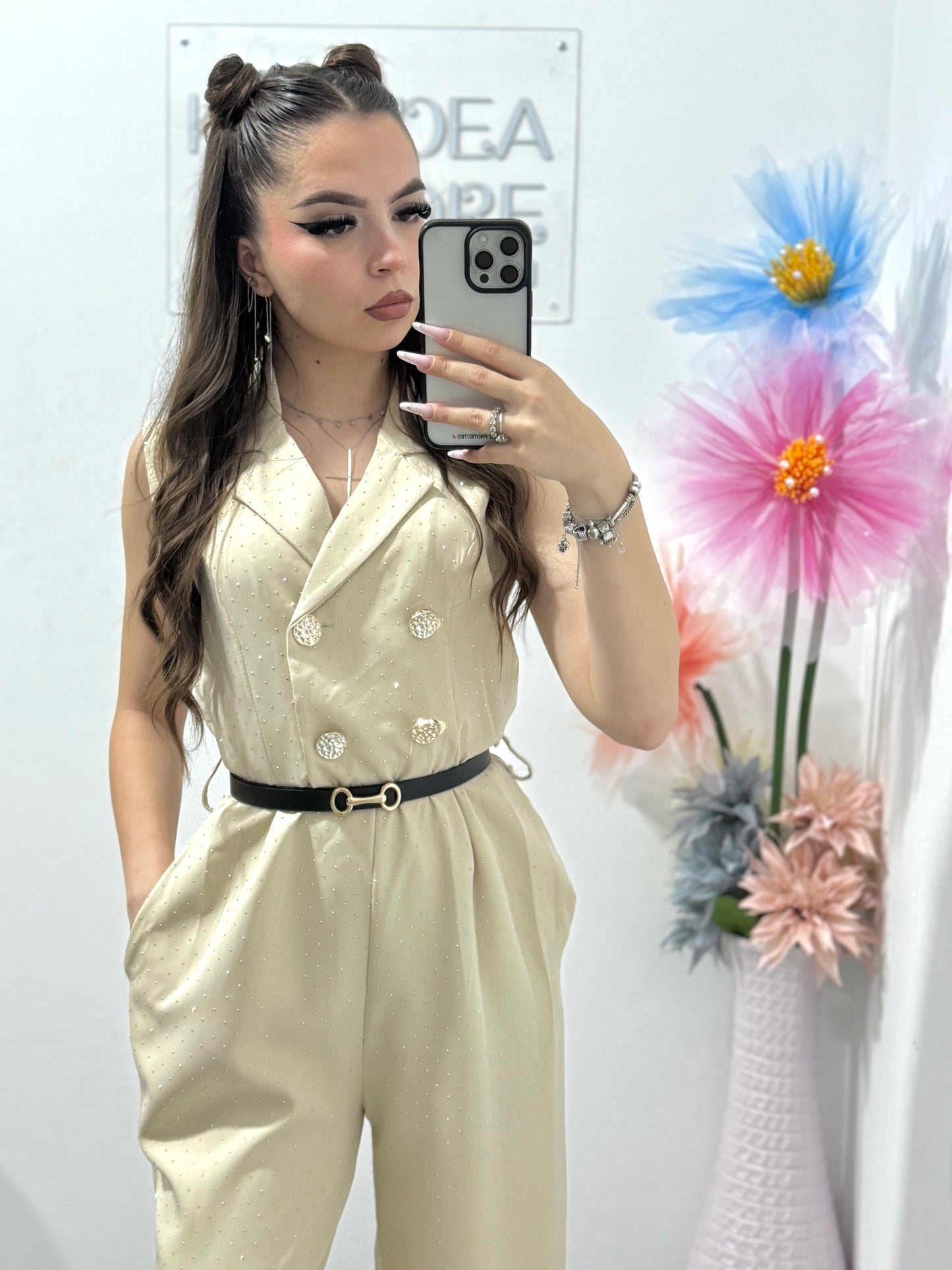Salopetă cu cristale Aleyna beige