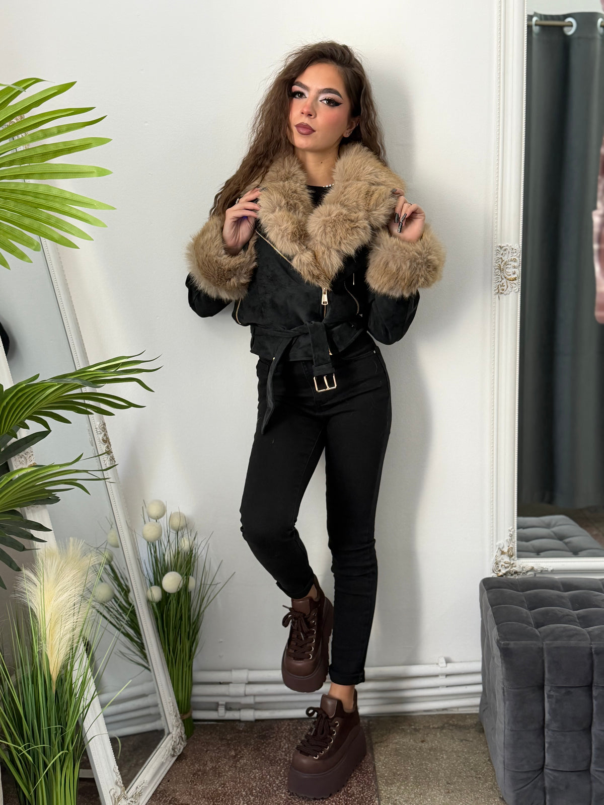 Geacă din imitație de piele și blană BLACK