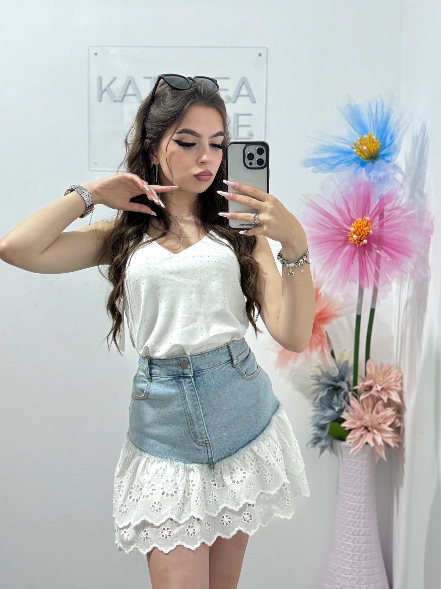 Fustă cu denim și dantelă Delia