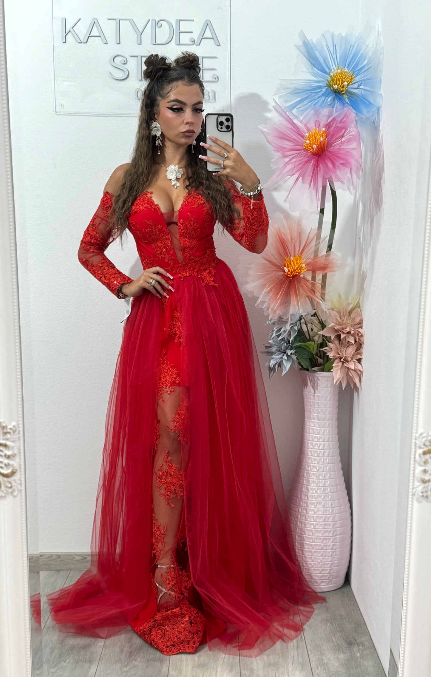 Rochie rosie de seara lunga Vivian din tulle si dantela