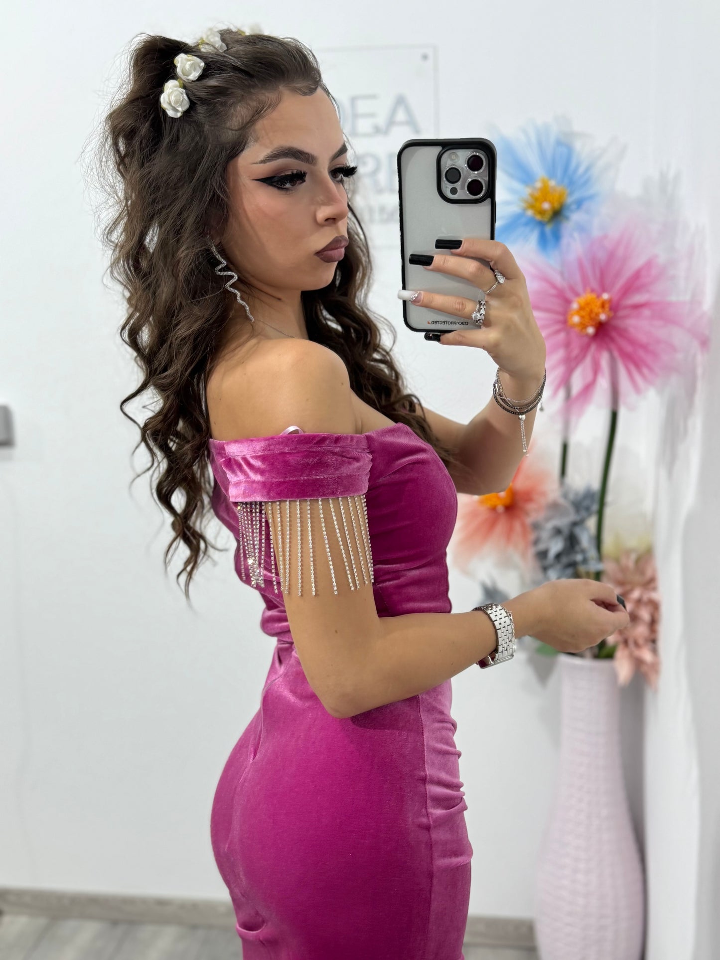 Rochie elegantă fucsia din catifea, cu umeri goi și despicătură pe picior Lolita