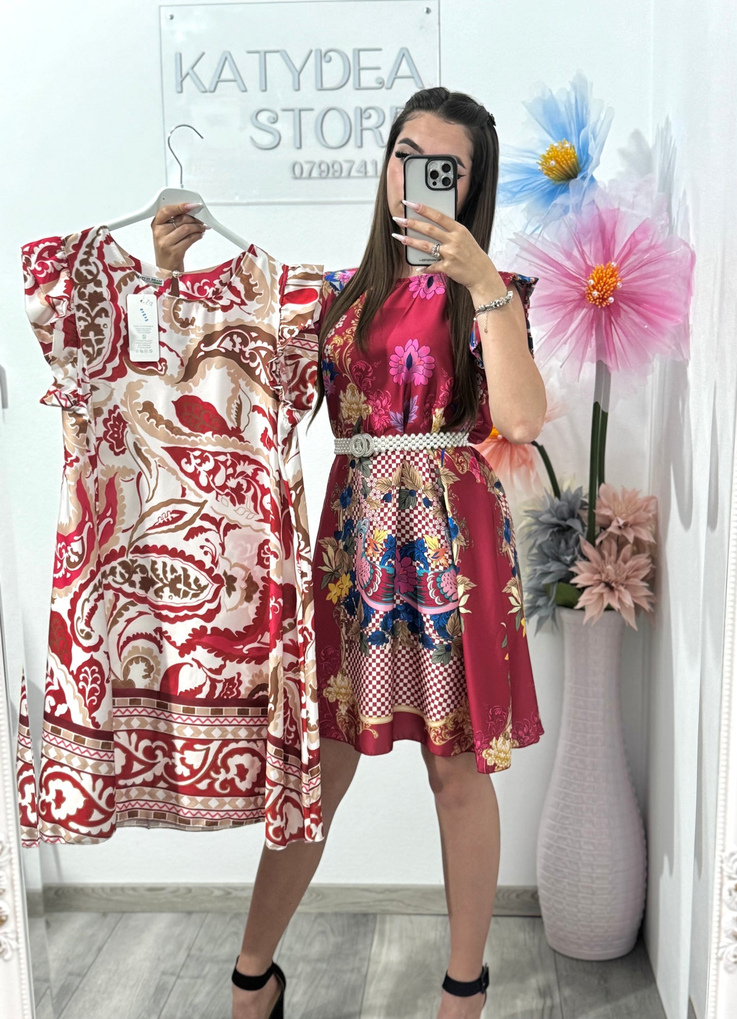 Rochie tip A satinata cu imprimeu