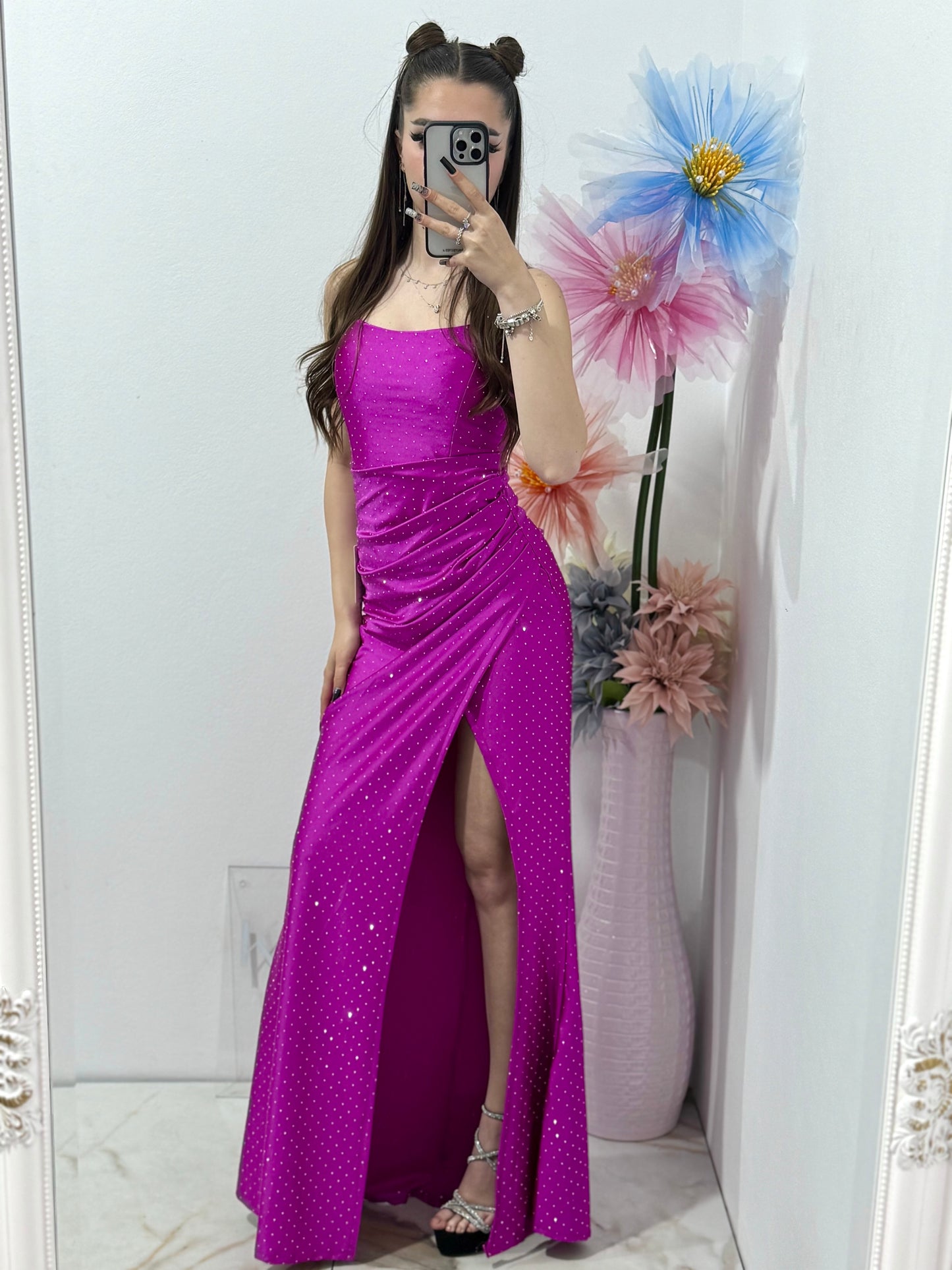 Rochie lungă cu corset pe spate fucsia Caroline