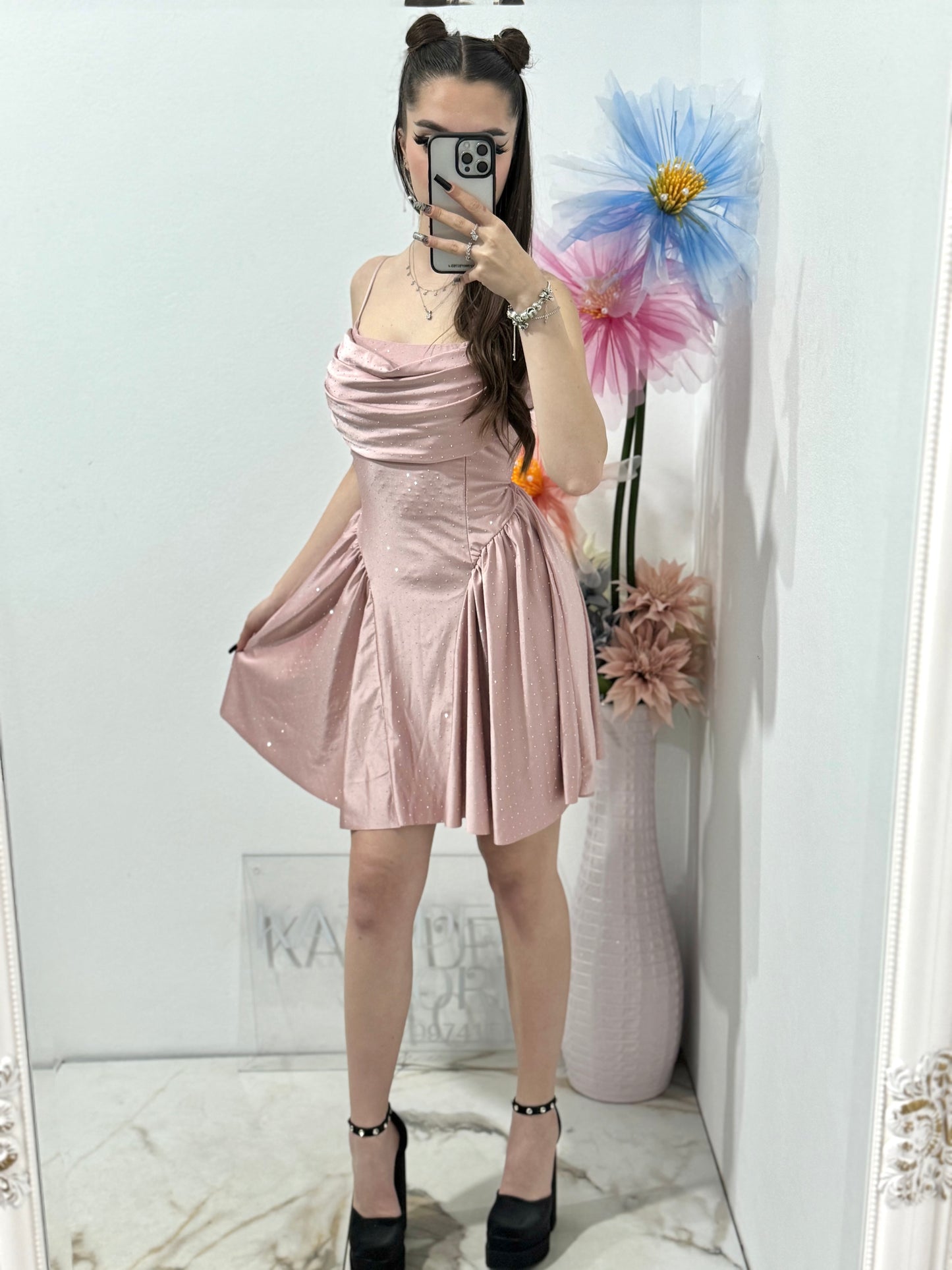 Rochie elegantă cu cristale roz pudră Ginny