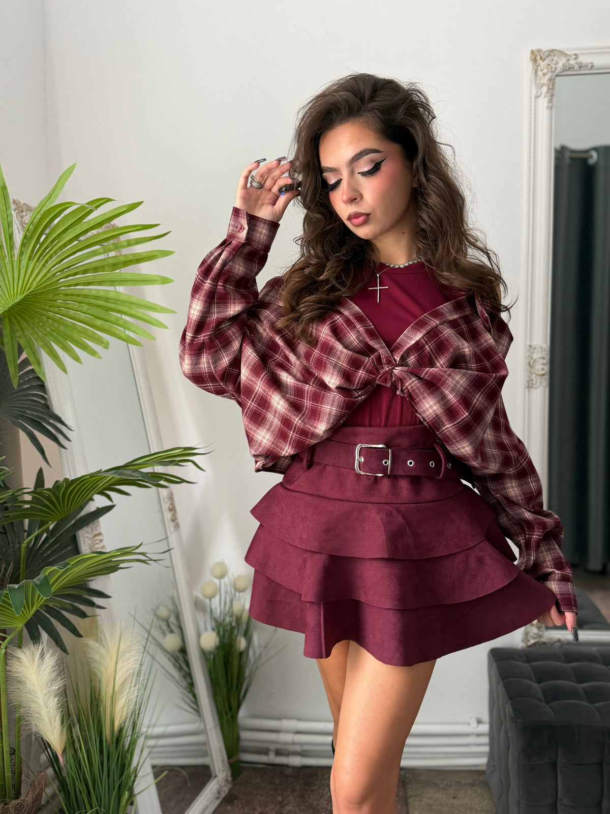 Fustă cu volanase burgundy