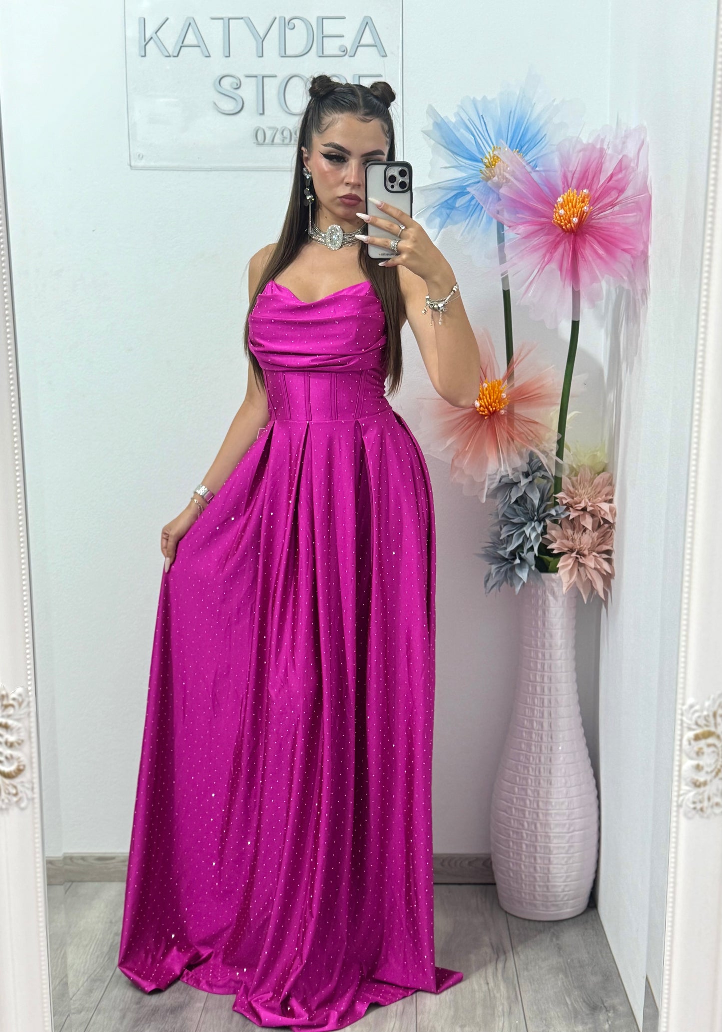 Rochie cu cristale ștanțate și corset Monica fucsia