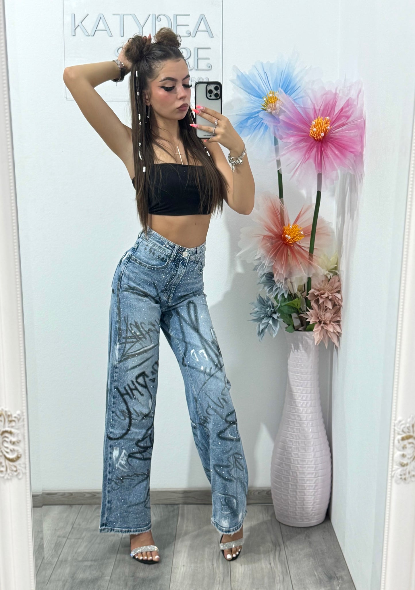 Jeans WideLeg cu cristale și grafiti Daiana