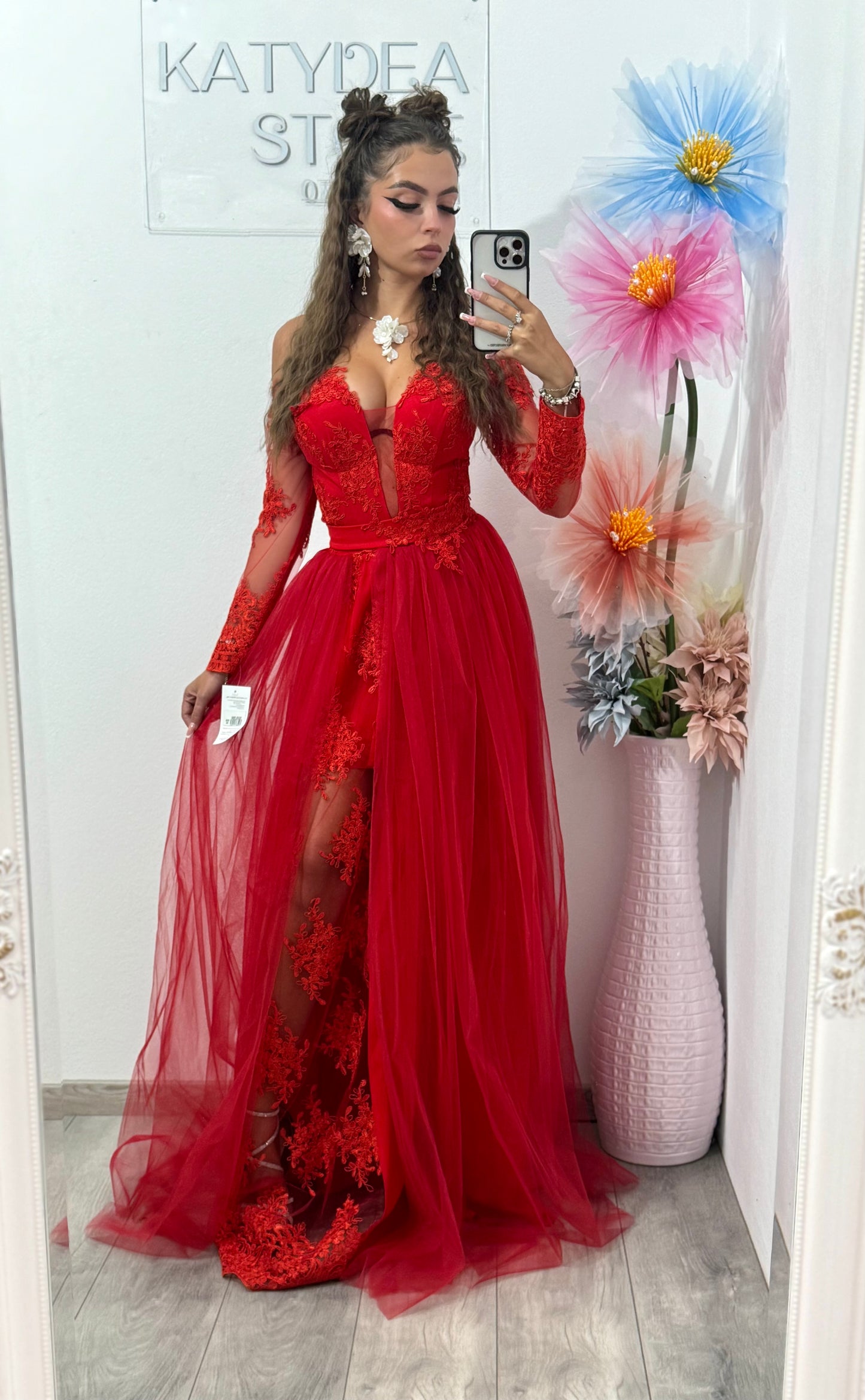 Rochie rosie de seara lunga Vivian din tulle si dantela
