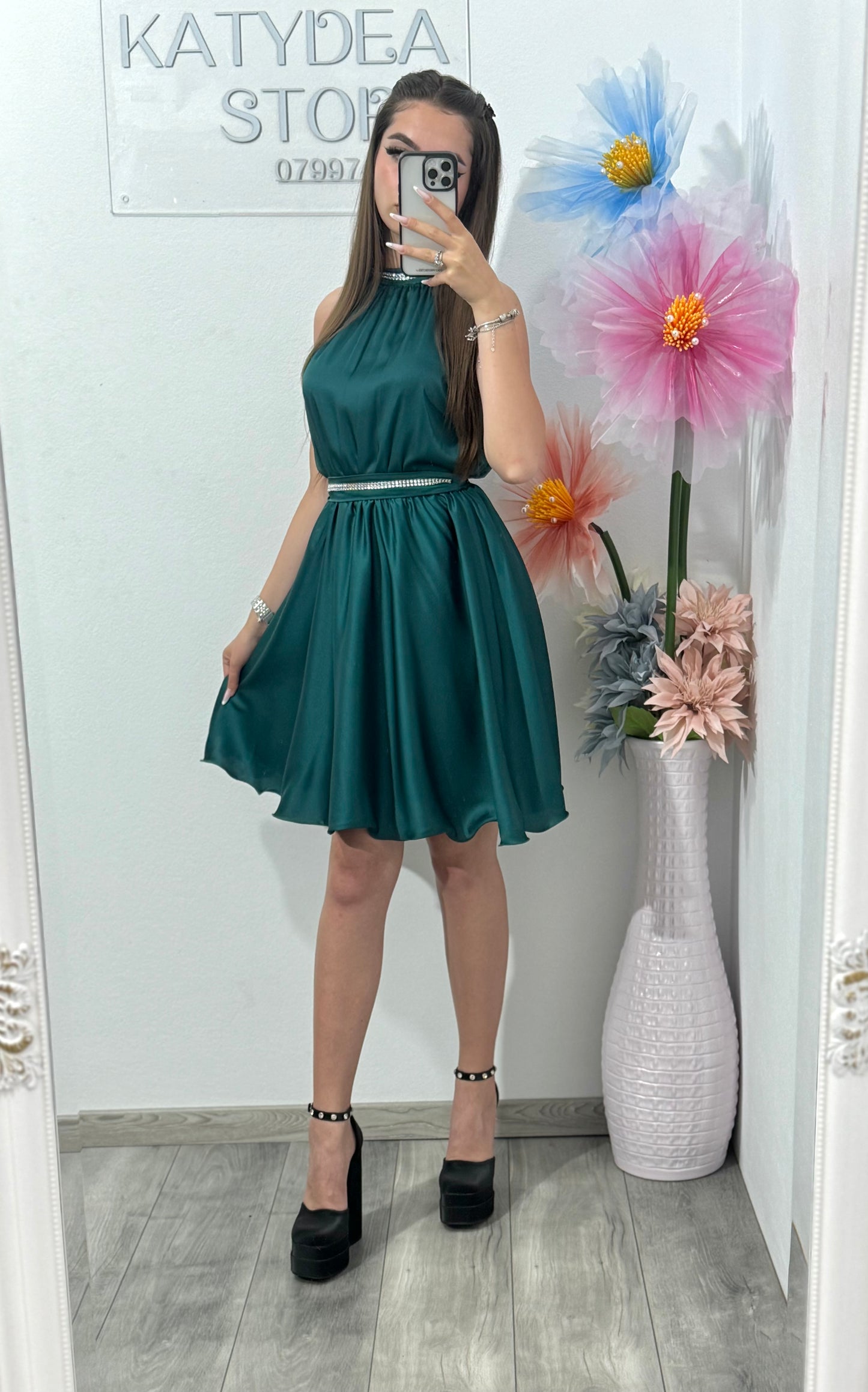 Rochie din satin verde negru Anastasia