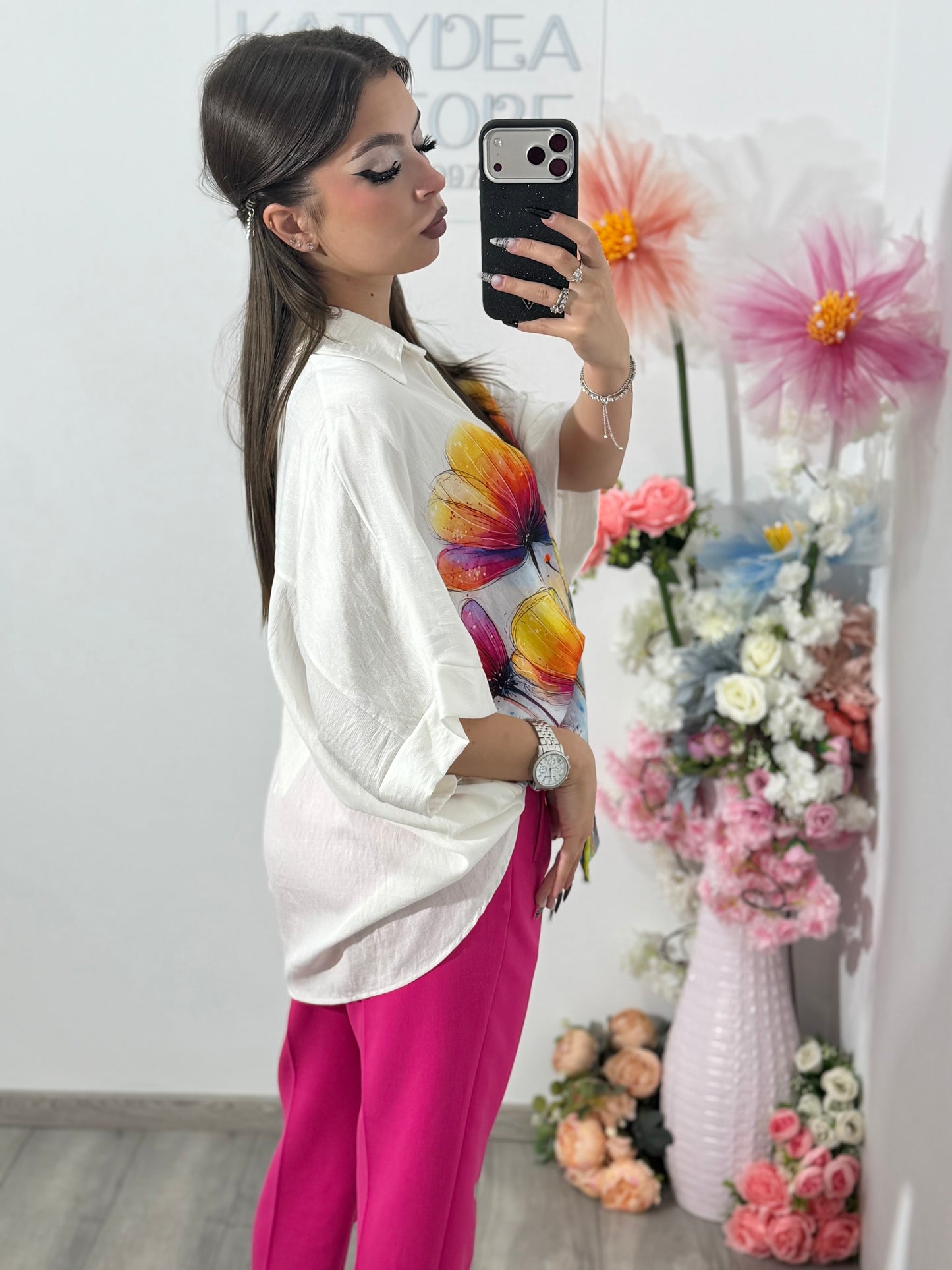 Cămașă din în cu imprimeu fucsia ELIZA