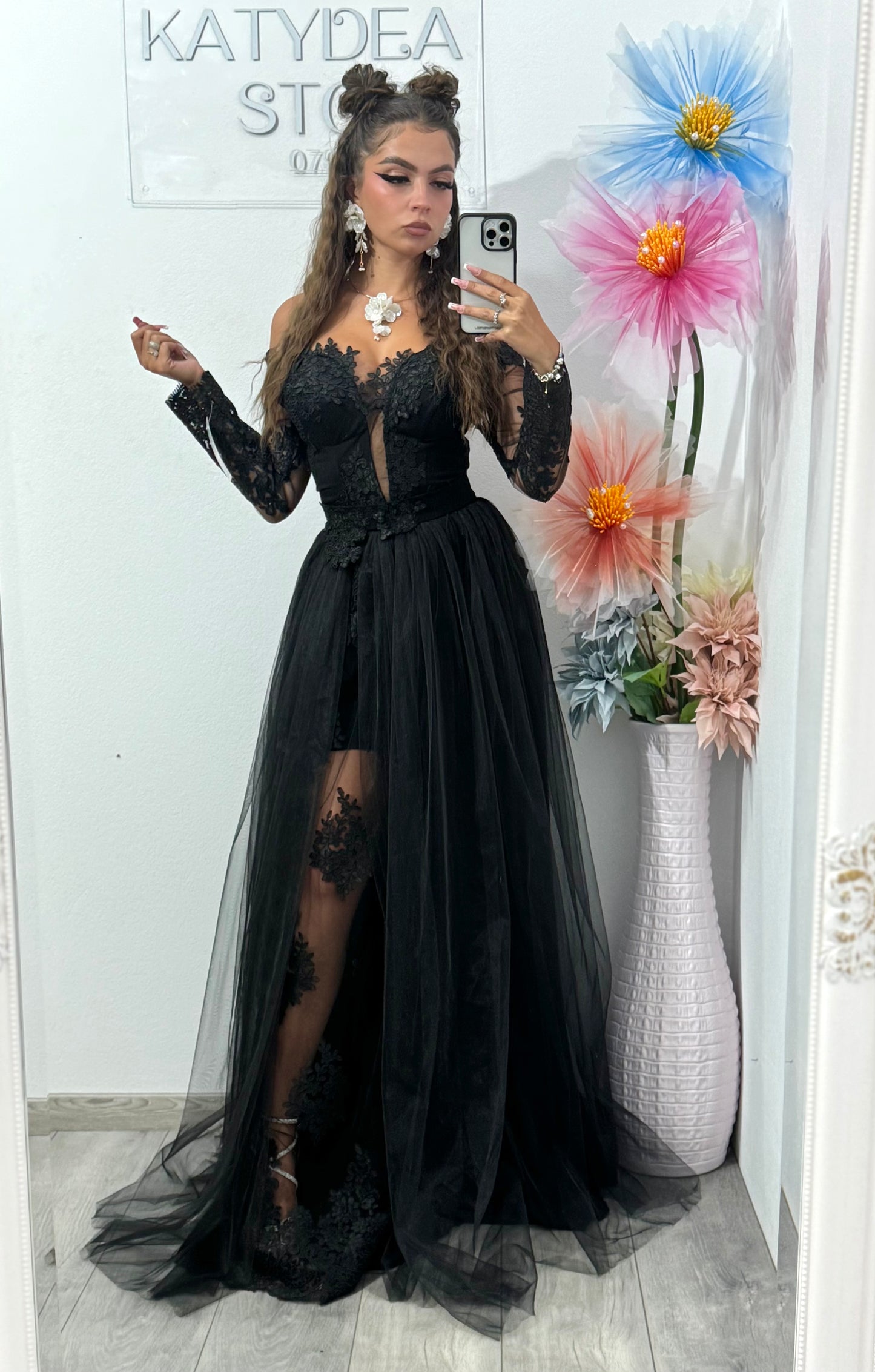 Rochie neagra de seara lunga Vivian din tulle si dantela