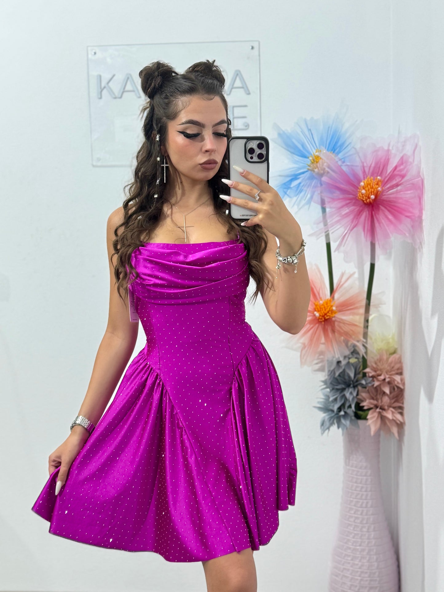 Rochie cu cristale ștanțate fucsia Ginny
