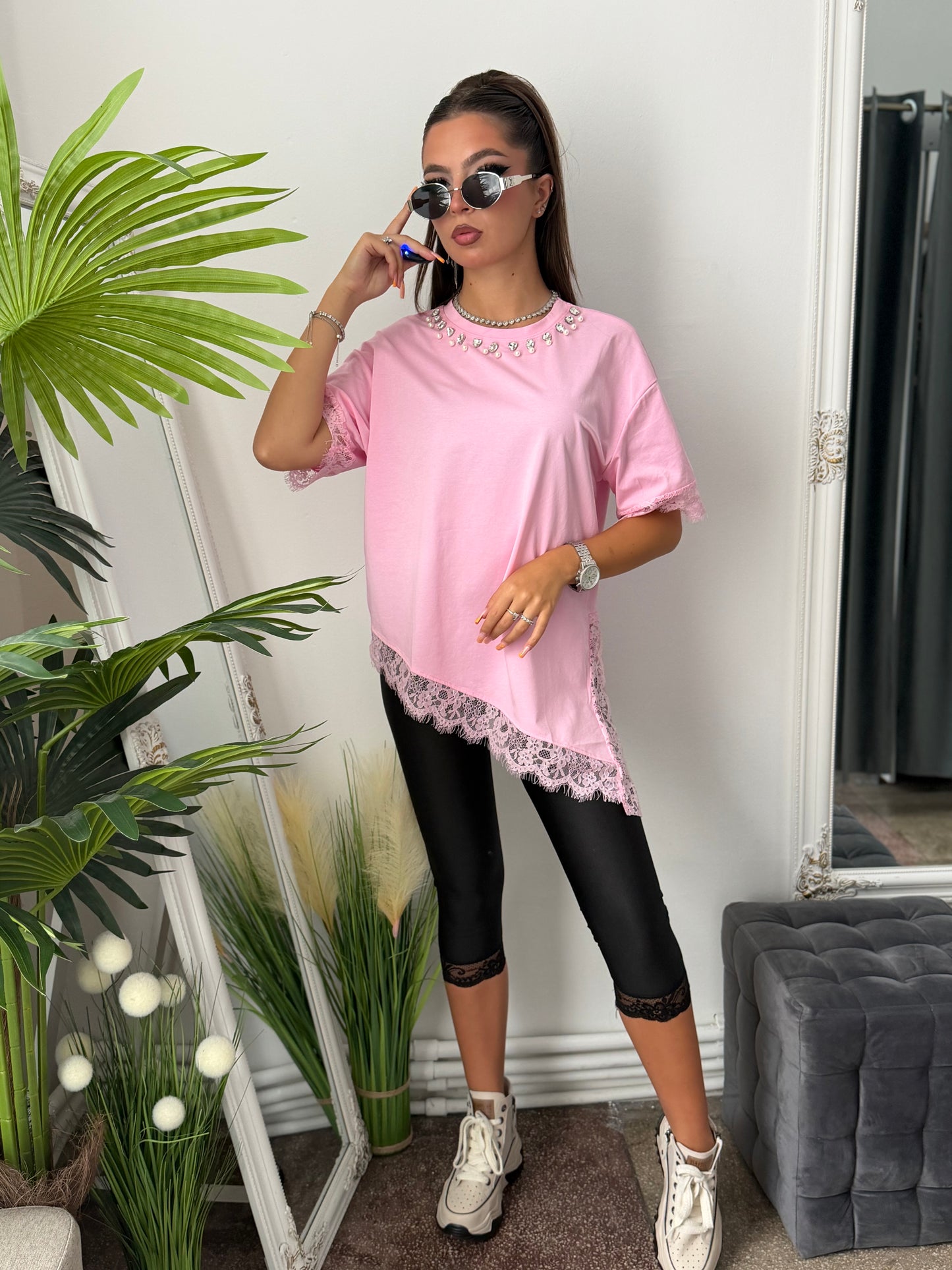 Tricou cu dantelă roz SARA