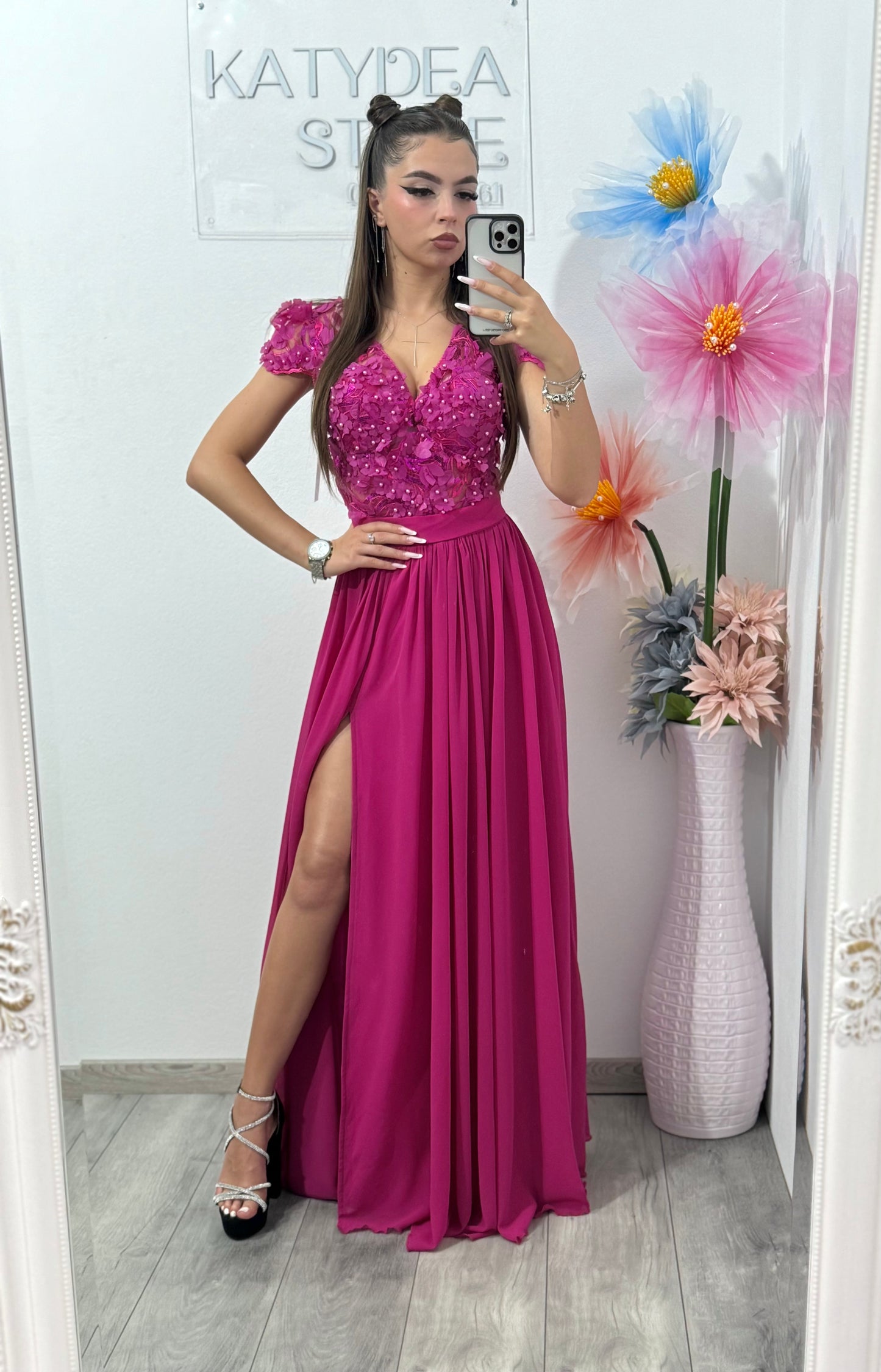 Rochie din voal și din dantelă 3D fucsia Lucy