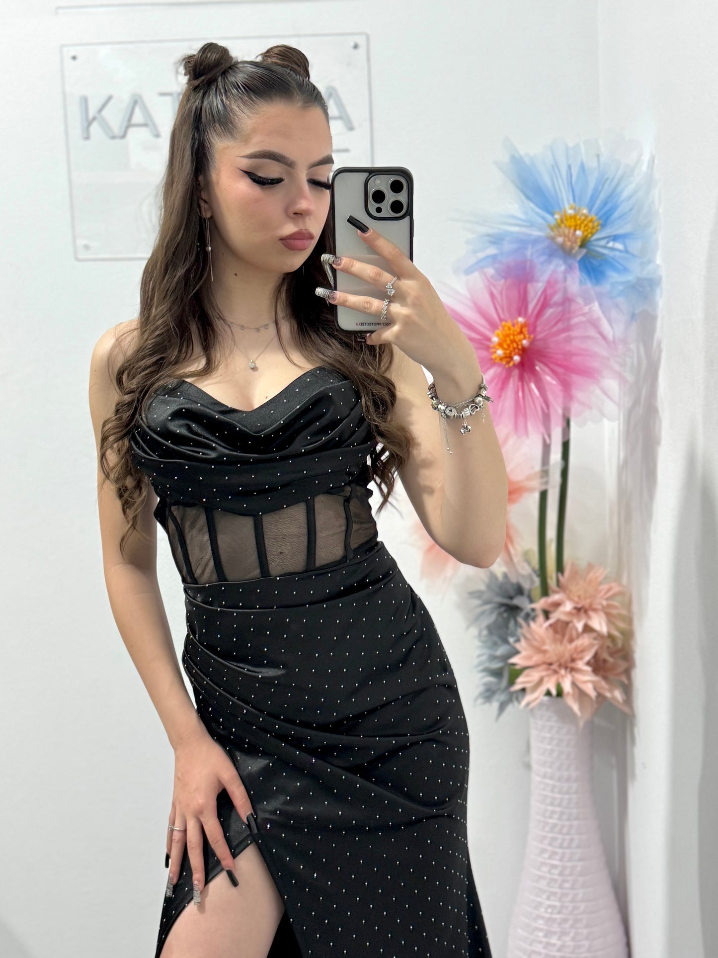 Rochie elegantă cu corset și cristale ștanțate neagră Alice