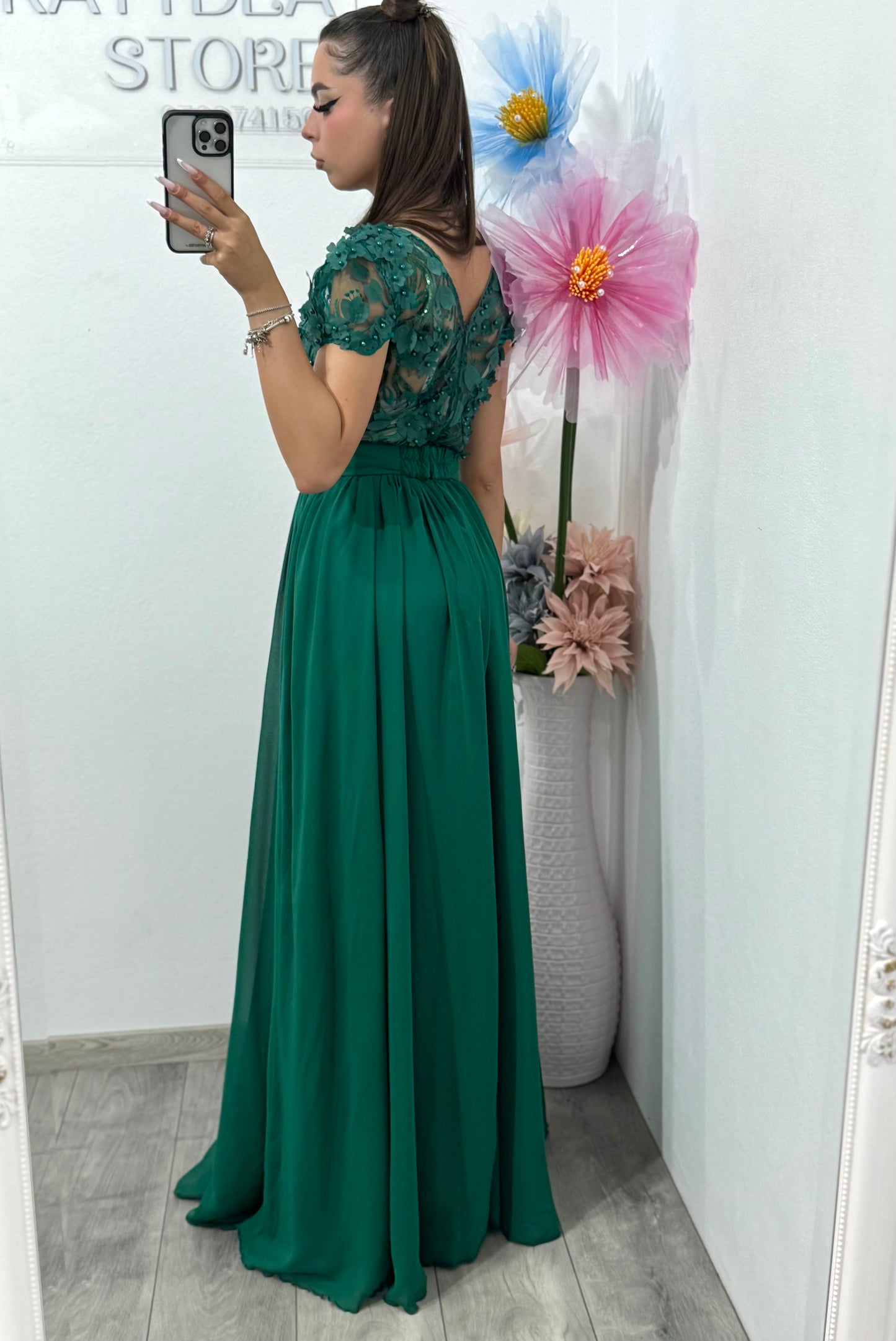 Rochie din voal cu dantelă 3D verde Lucy