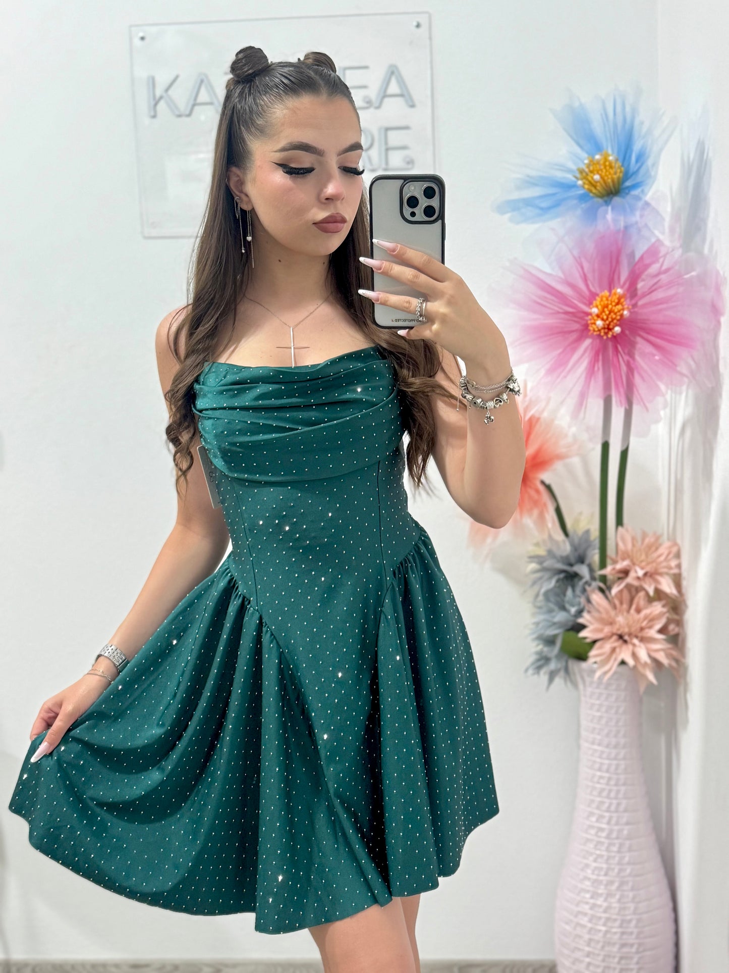 Rochie cu cristale ștanțate verde Ginny