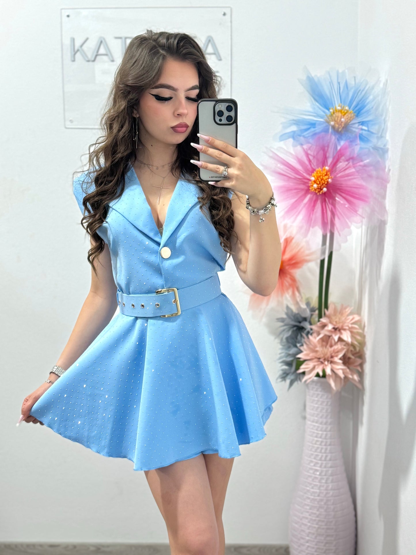 Salopetă elegantă cu cristale albastra Elissa