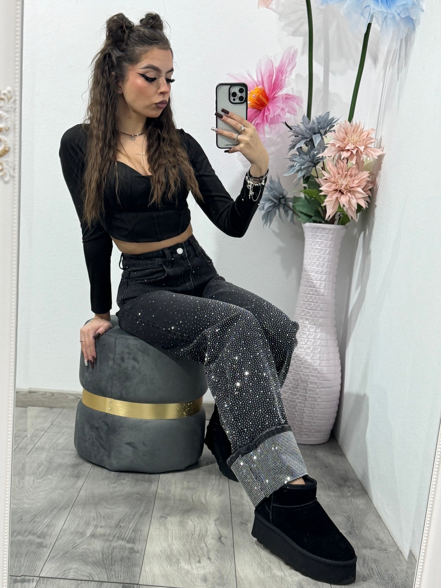 Jeans WideLeg cu cristale ștanțate negri Paulina