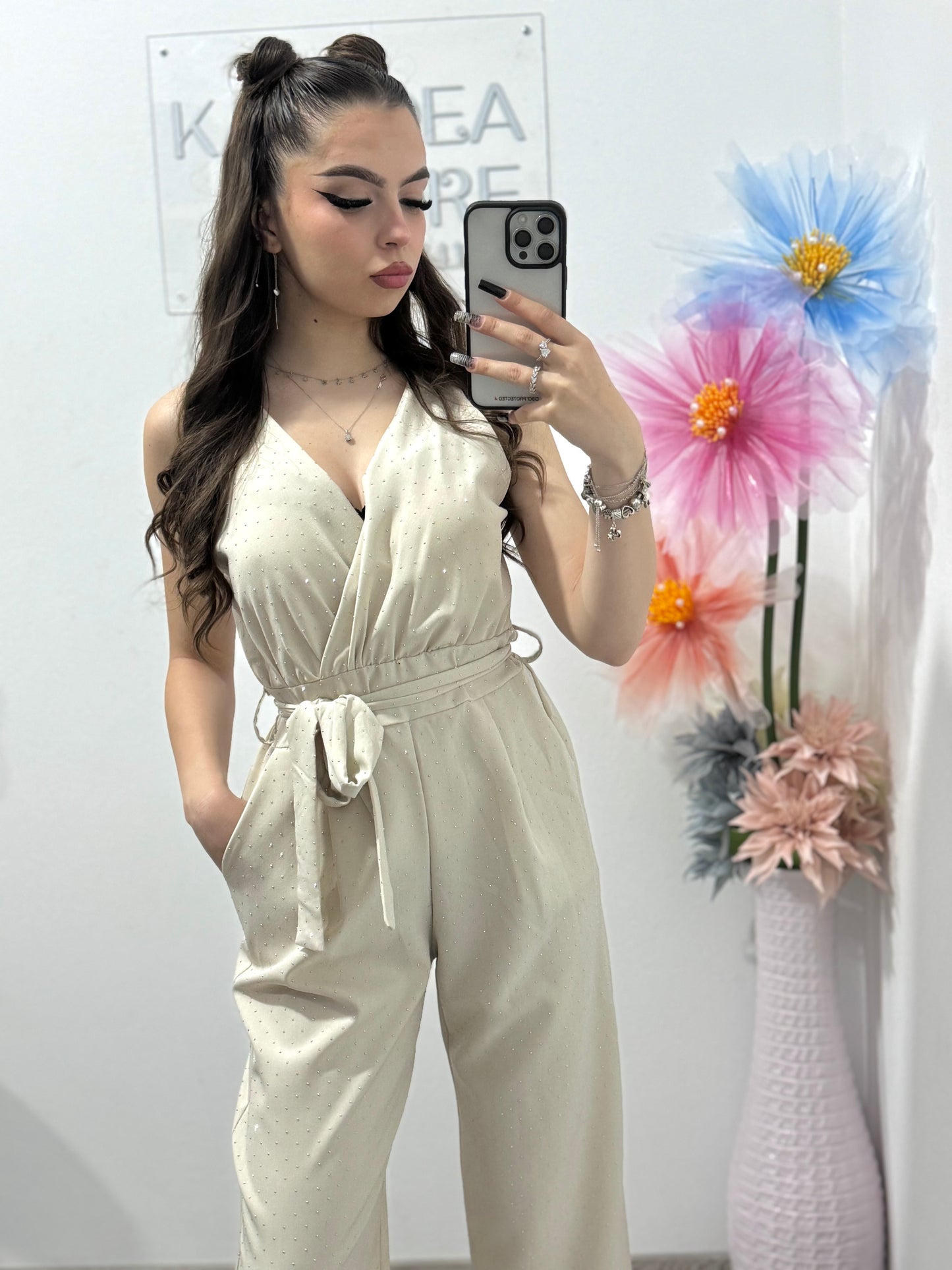 Salopetă elegantă cu cristale ștanțate crem Annabelle