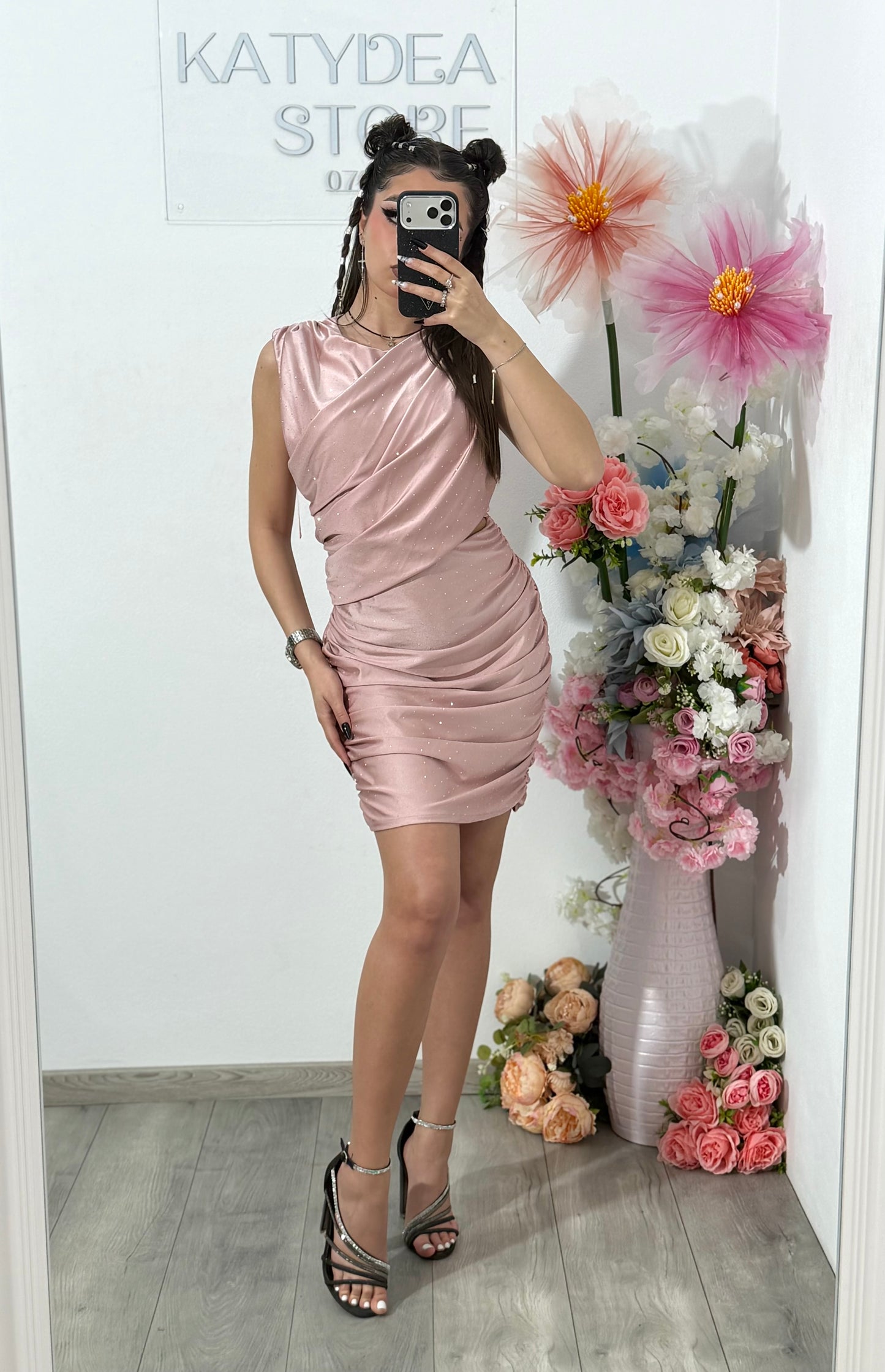 Rochie elegantă cu cristale ștanțate roz SELENA