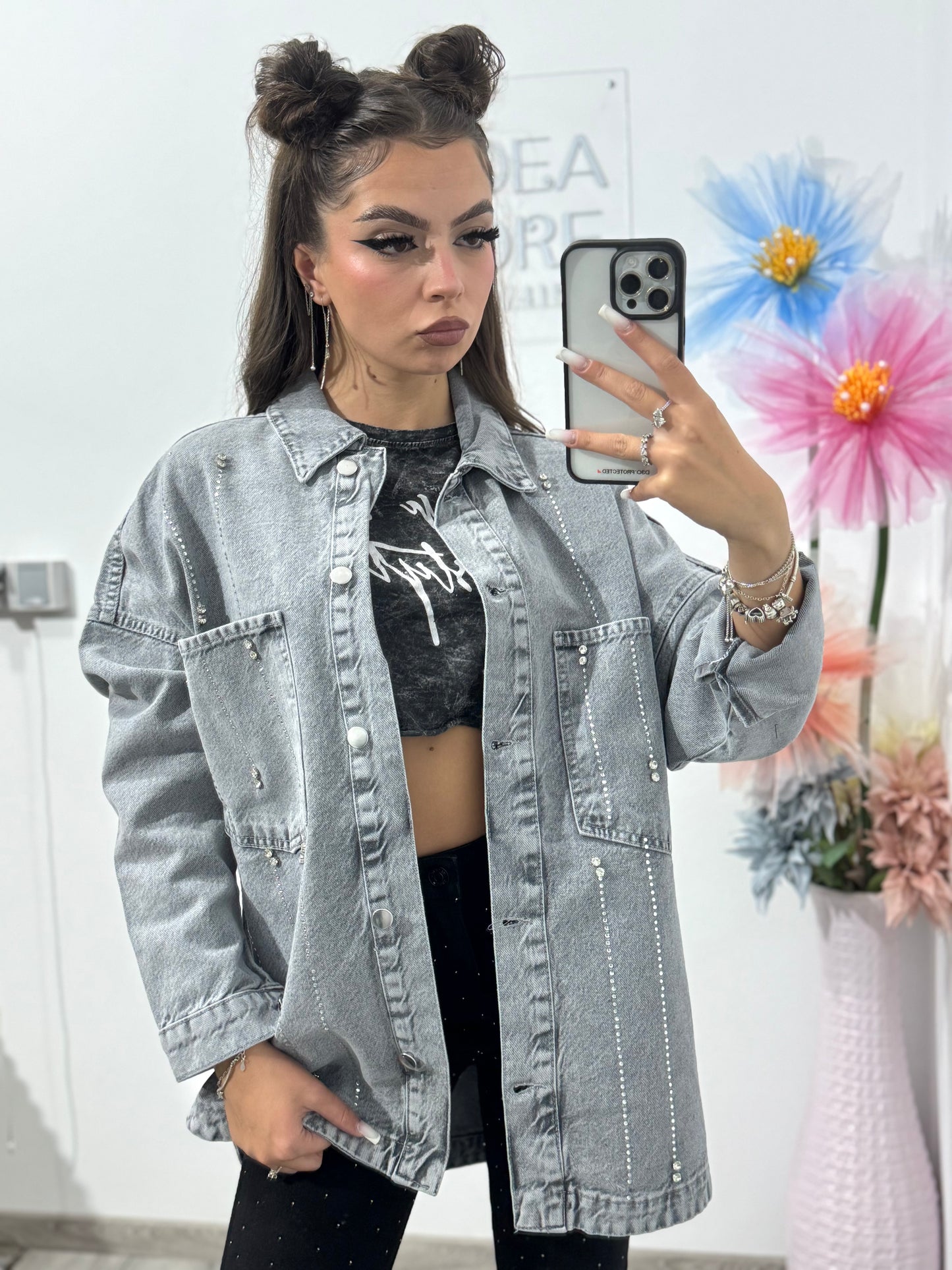 Geacă din denim gri cu cristale Bianca