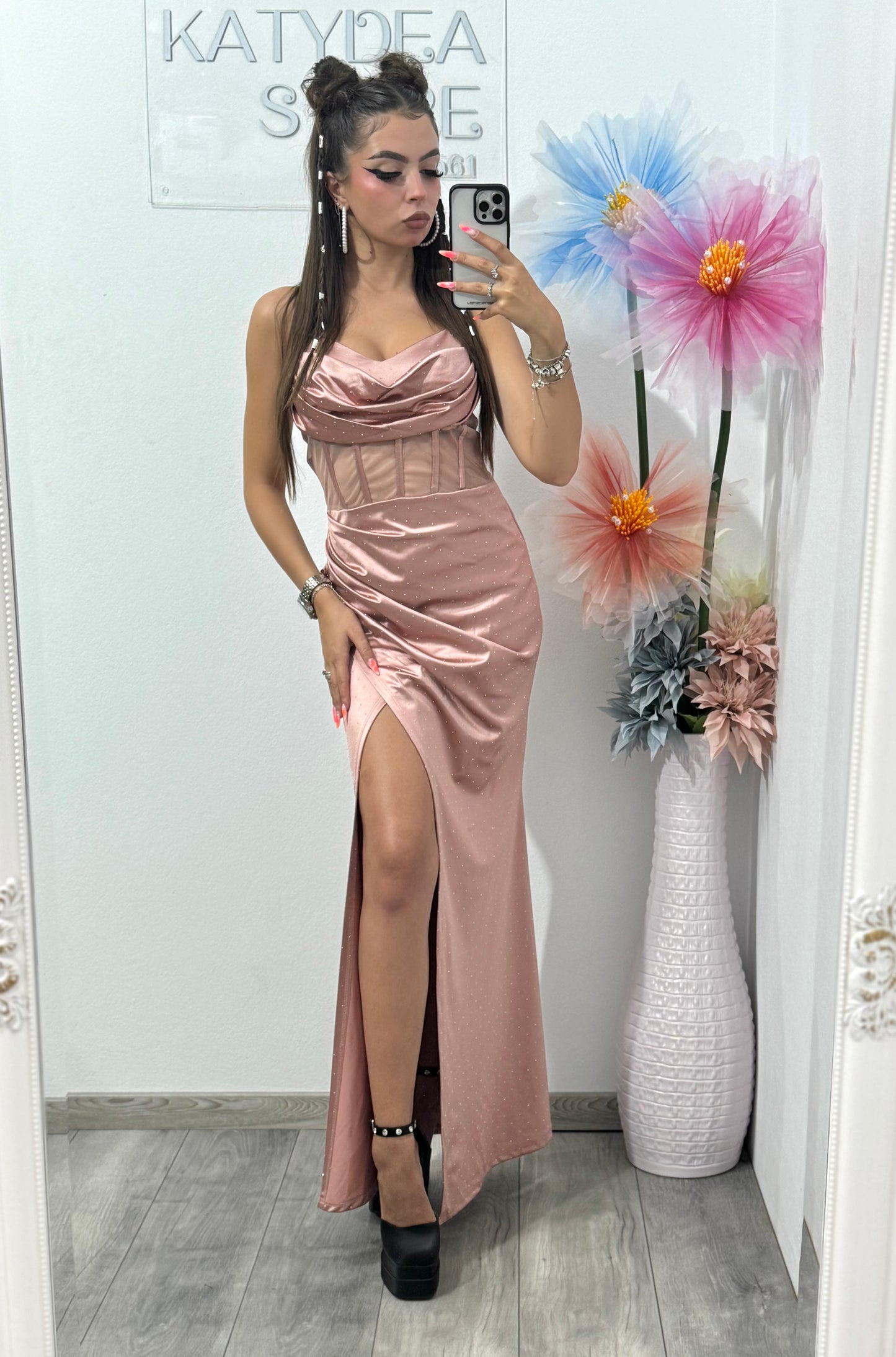 Rochie elegantă cu cristale ștanțate roz pudră Alice