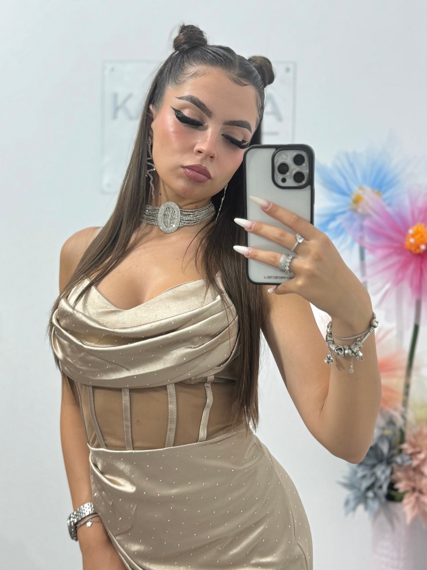 Rochie elegantă cu cristale ștanțate crem Alice