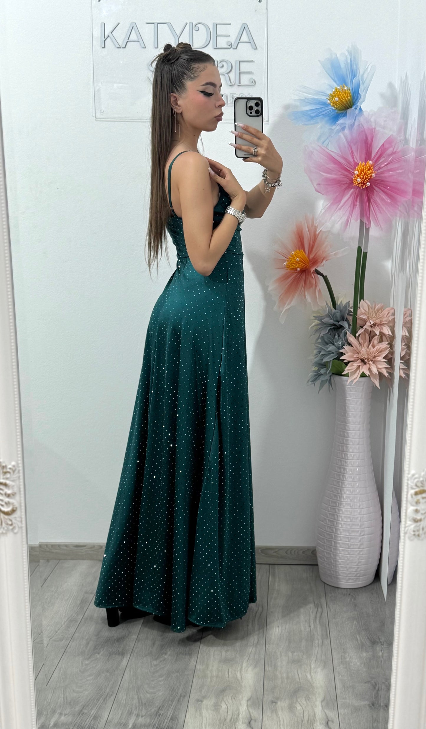 Rochie elegantă cu cristale verde negru Glam