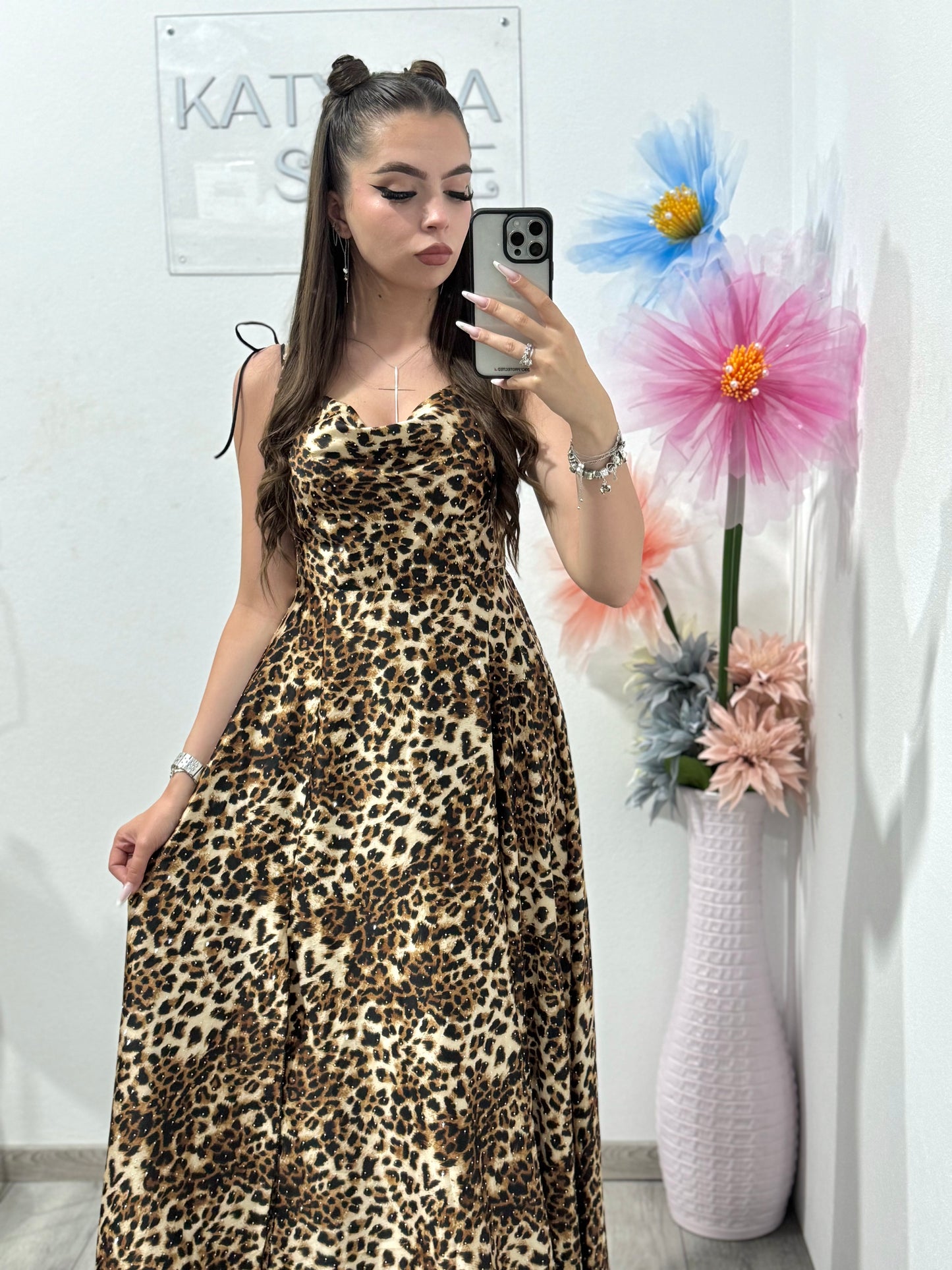 Rochie satinata leopard cu cristale Glammy