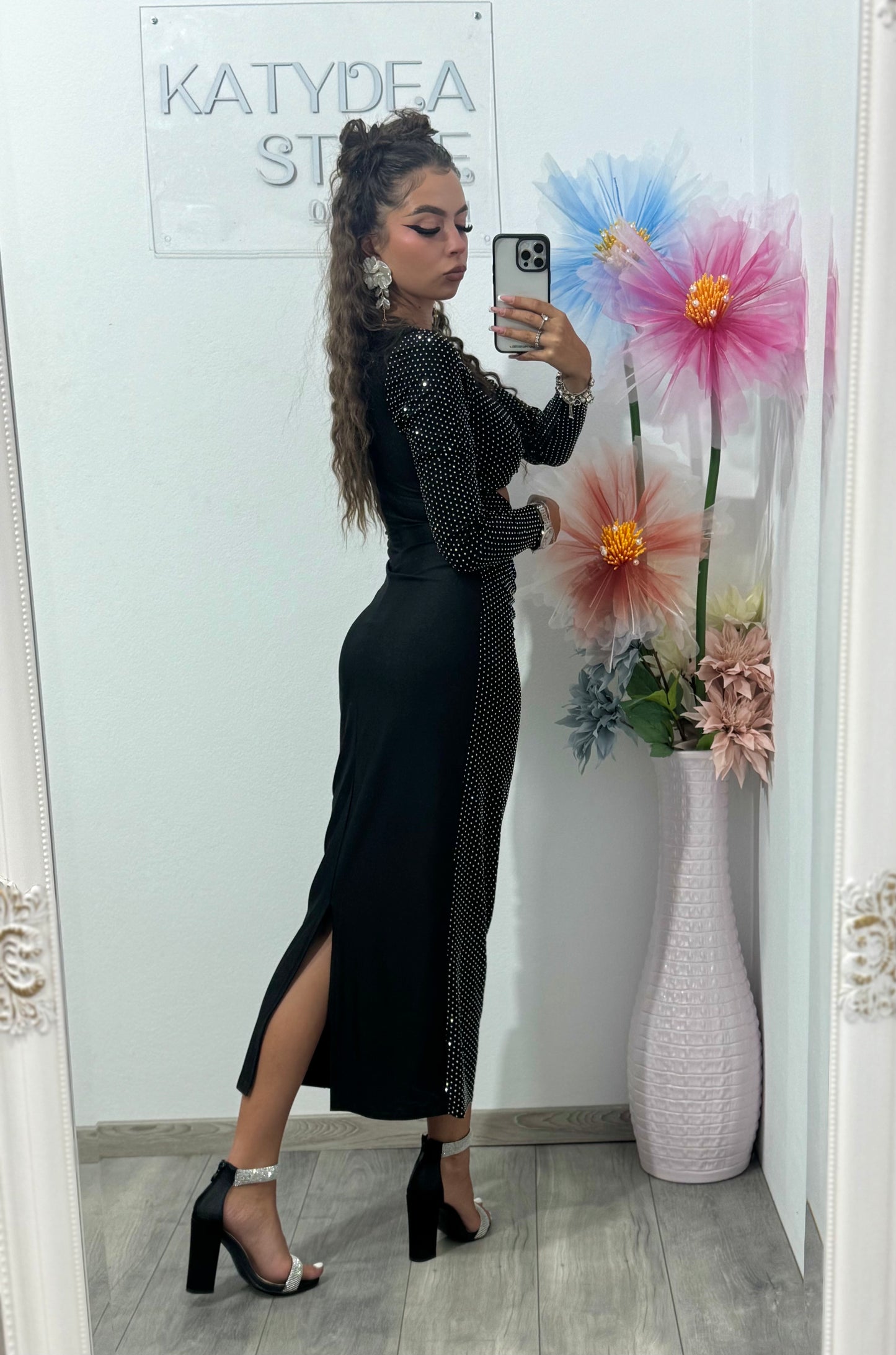 Rochie midi neagra cu cristale argintii ștanțate Glam