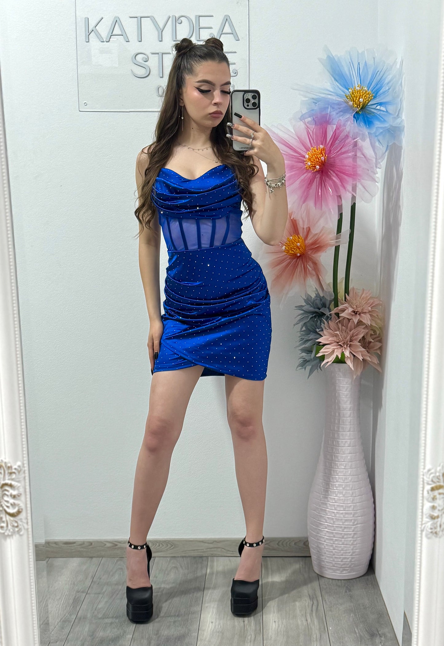 Rochie cu corset și cristale ștanțate albastru Mary