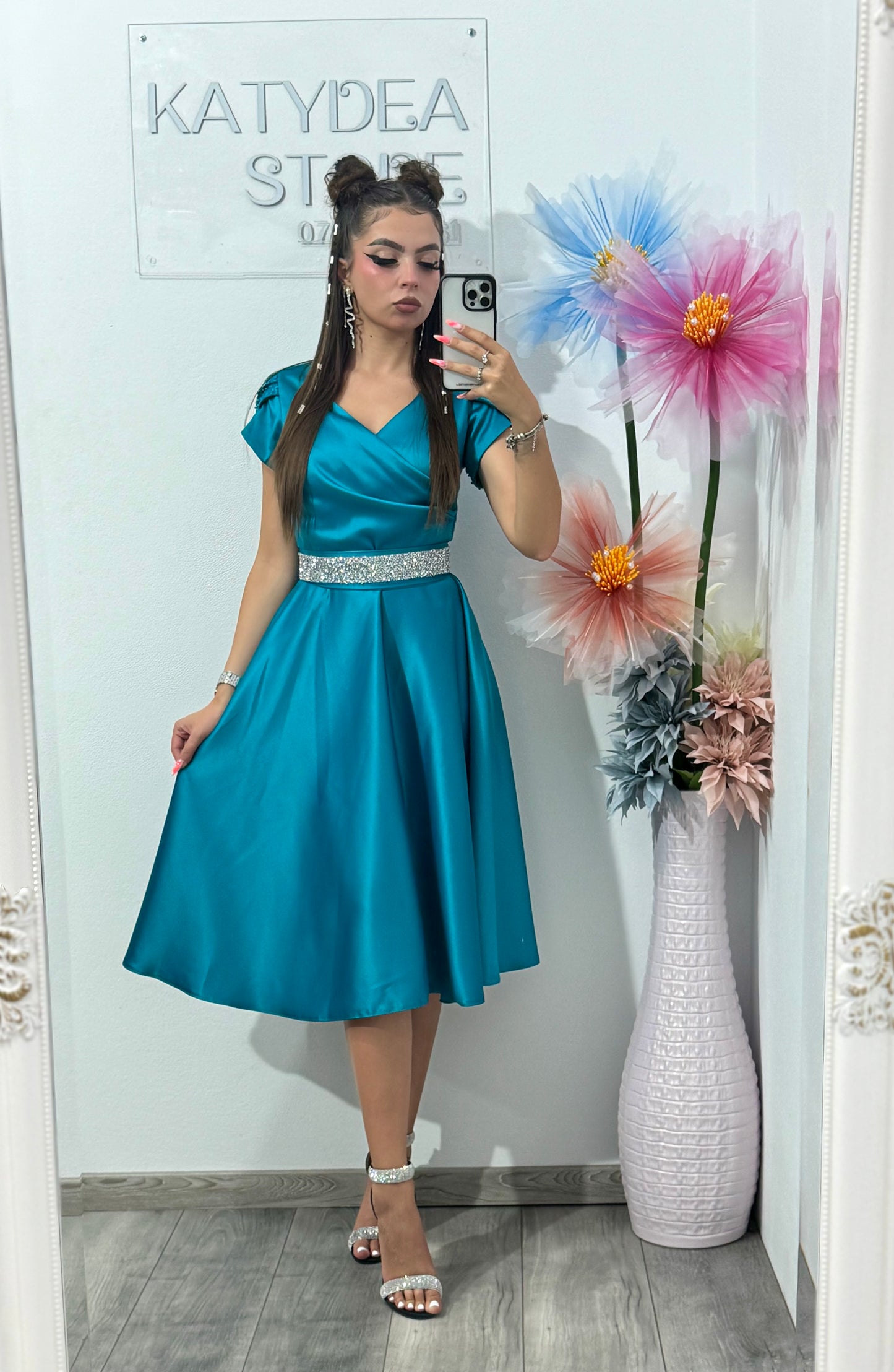 Rochie scurtă din tafta turcoaz Marilena