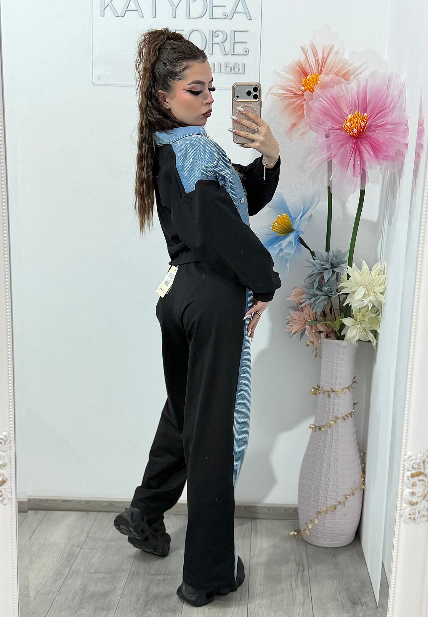 Compleu din denim cu strasuri – geacă & pantaloni ANDREEA
