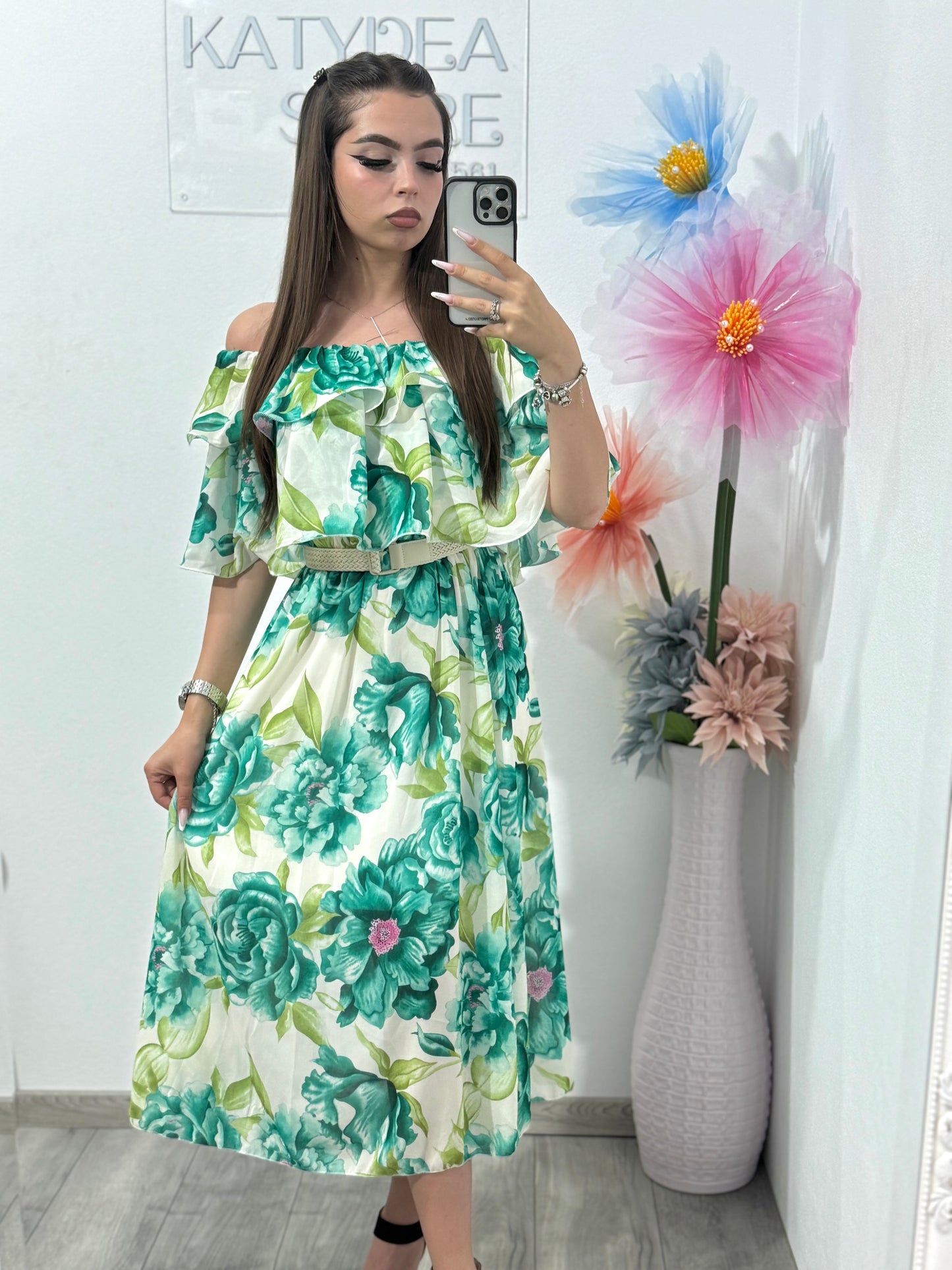 Rochie cu imprimeu floral verde