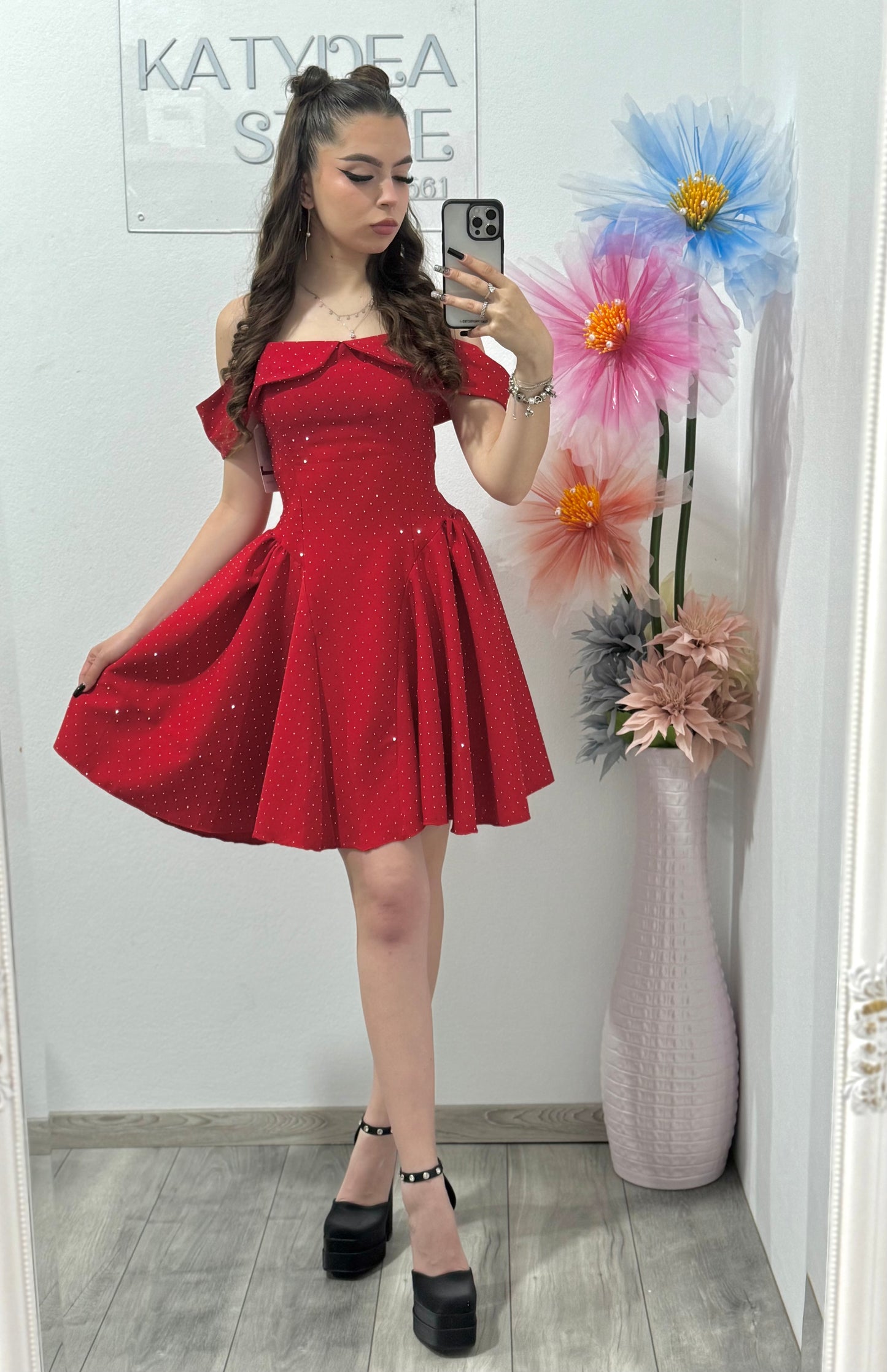 Rochie cu cristale ștanțate roșie Clary