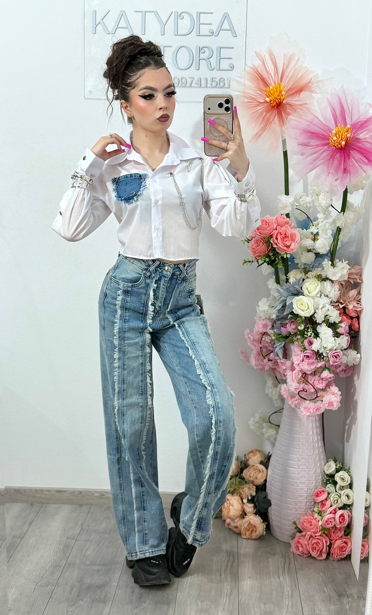Cămașă crop cu denim și accesorii LORENA