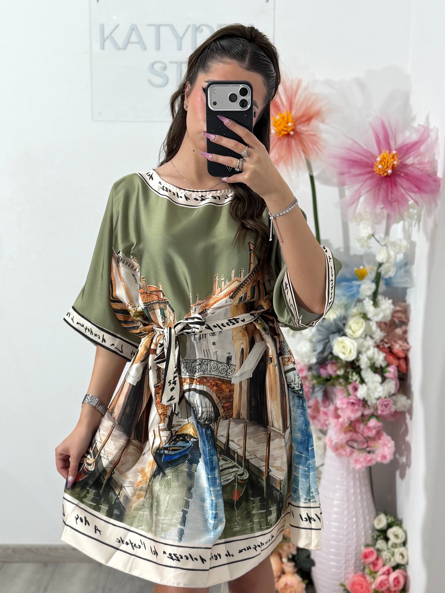 Rochie satinata cu imprimeu kaki RAYSA