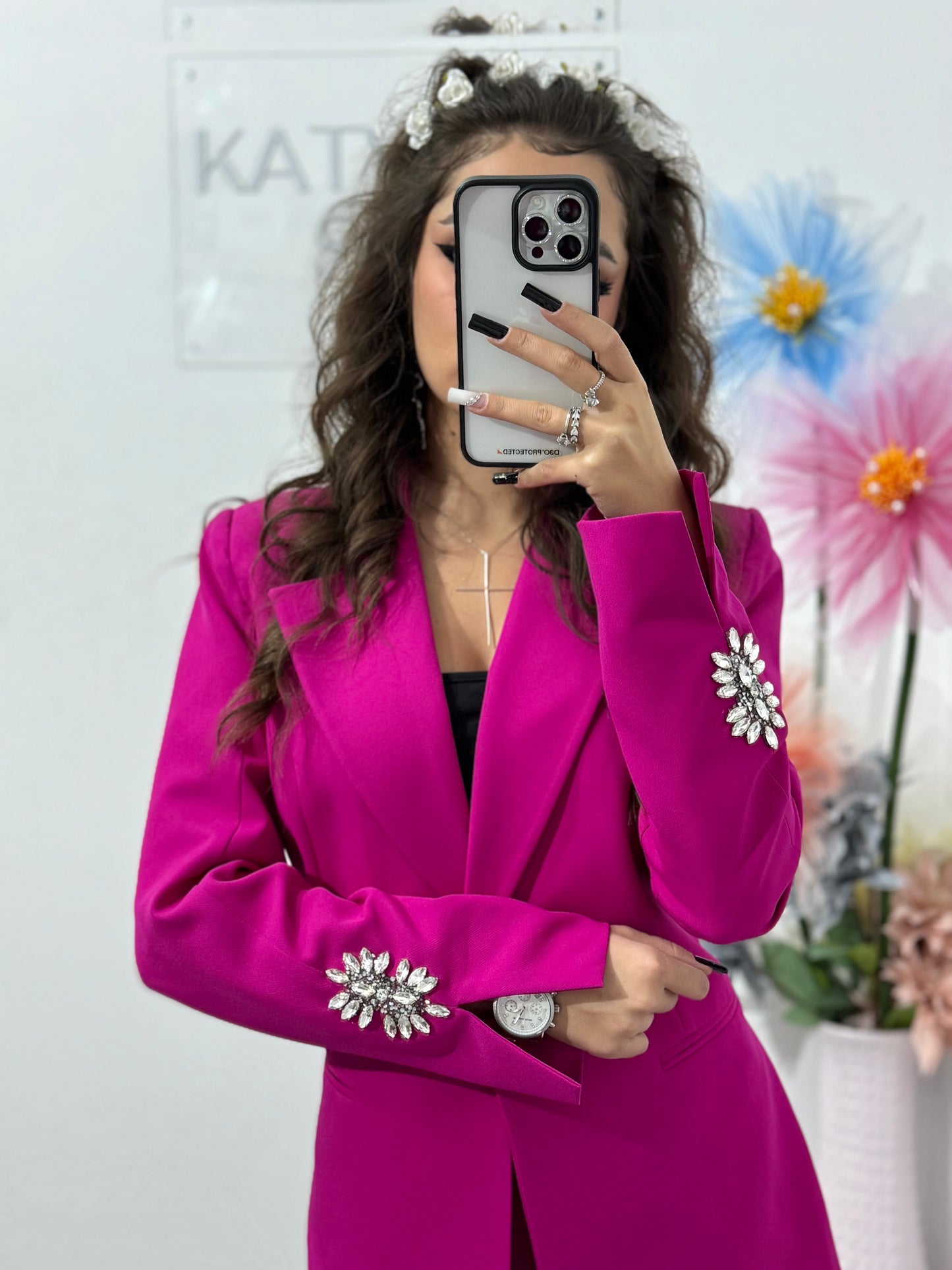 Costum damă Paula 2 piese – sacou & pantaloni slim fucsia